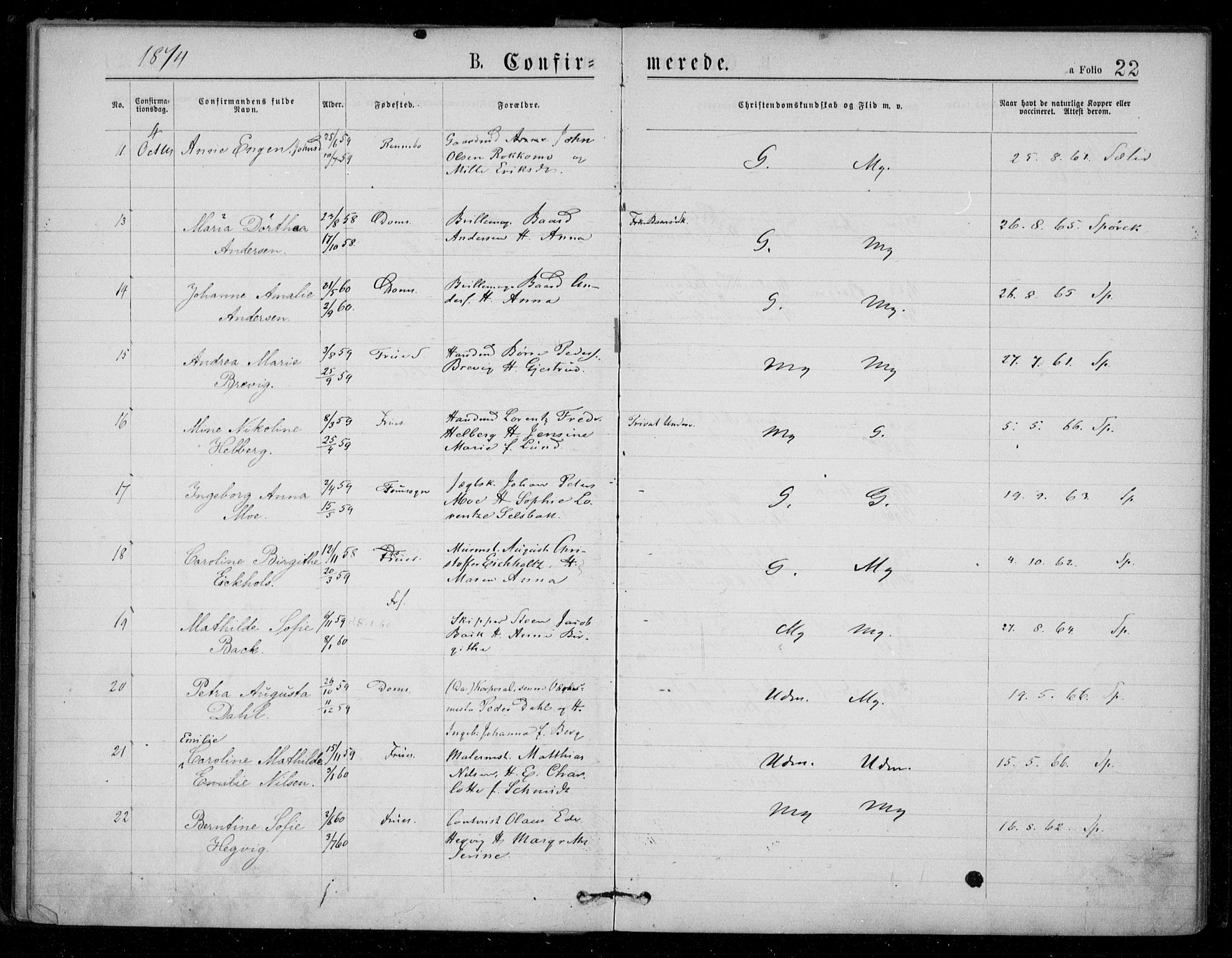 Ministerialprotokoller, klokkerbøker og fødselsregistre - Sør-Trøndelag, AV/SAT-A-1456/602/L0121: Parish register (official) no. 602A19, 1872-1879, p. 22