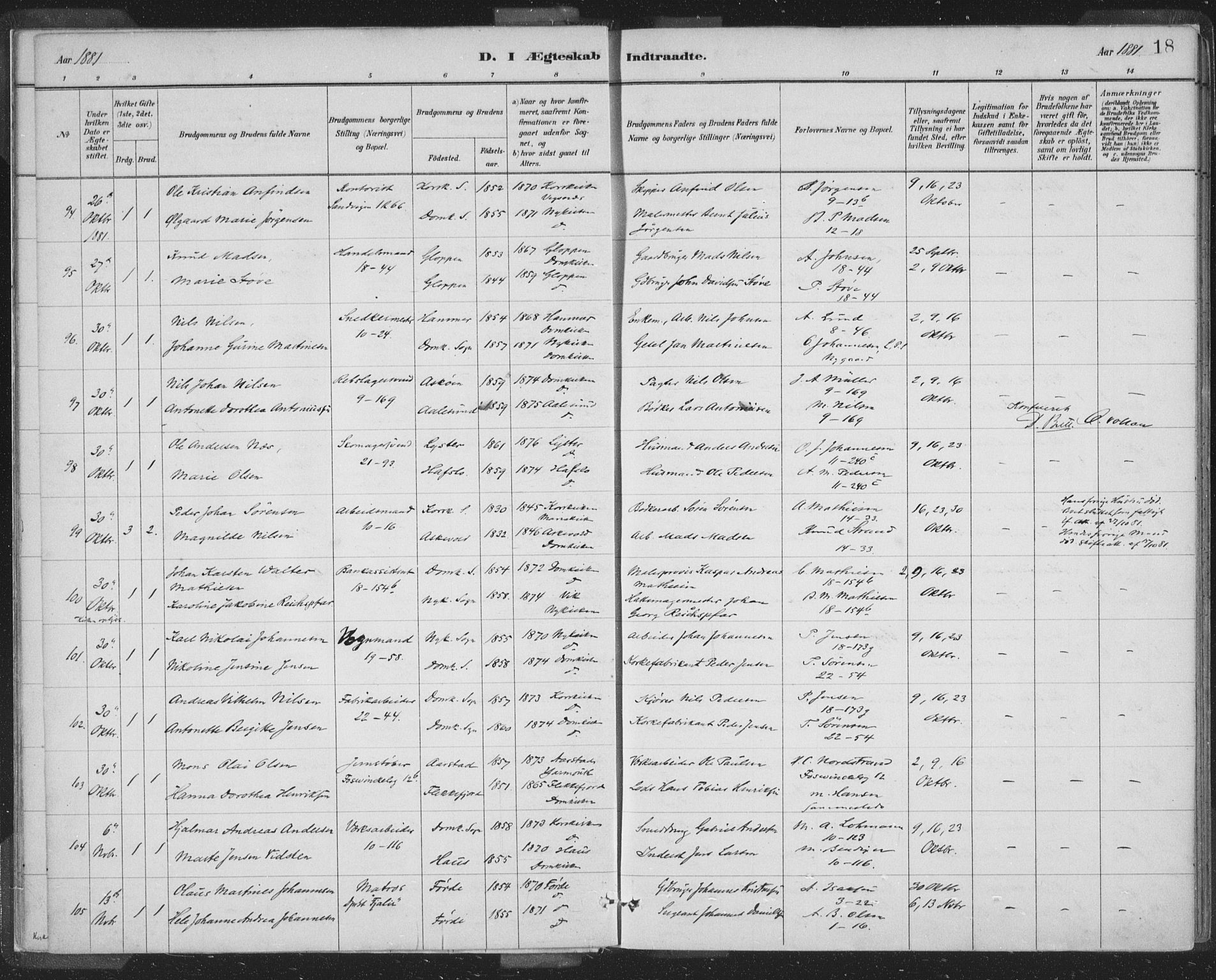 Domkirken sokneprestembete, AV/SAB-A-74801/H/Hab/L0032: Parish register (copy) no. D 4, 1880-1907, p. 18