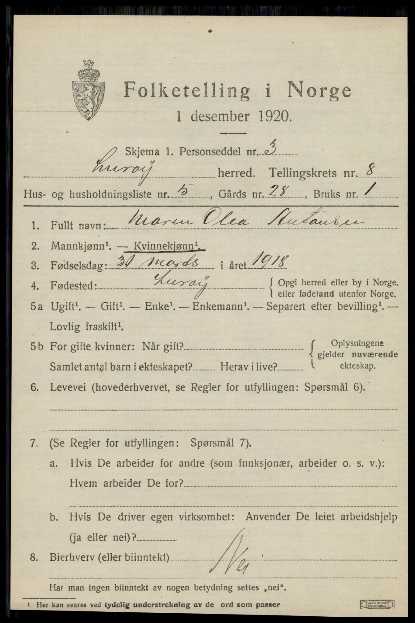 SAT, 1920 census for Lurøy, 1920, p. 3921