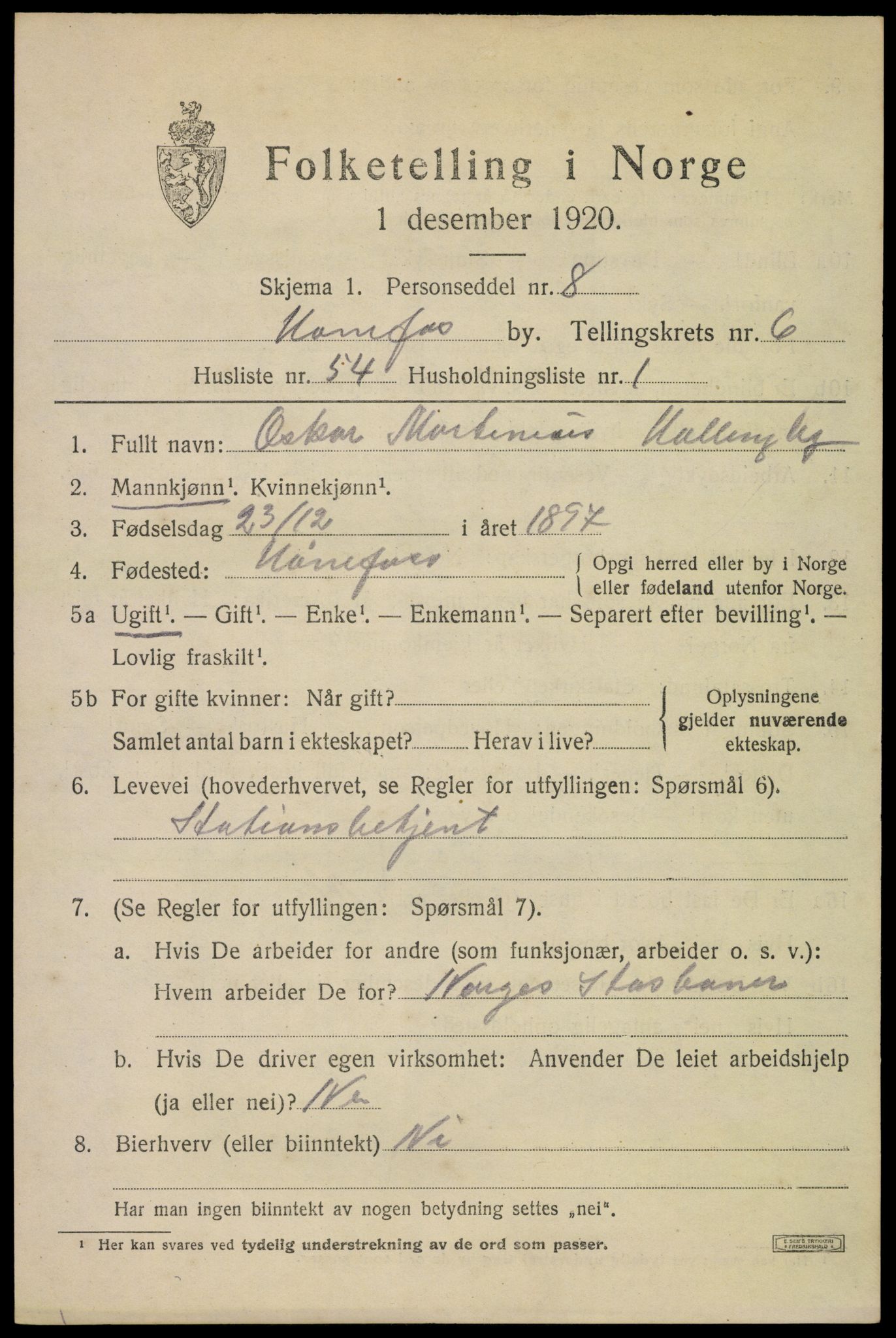 SAKO, 1920 census for Hønefoss, 1920, p. 7838