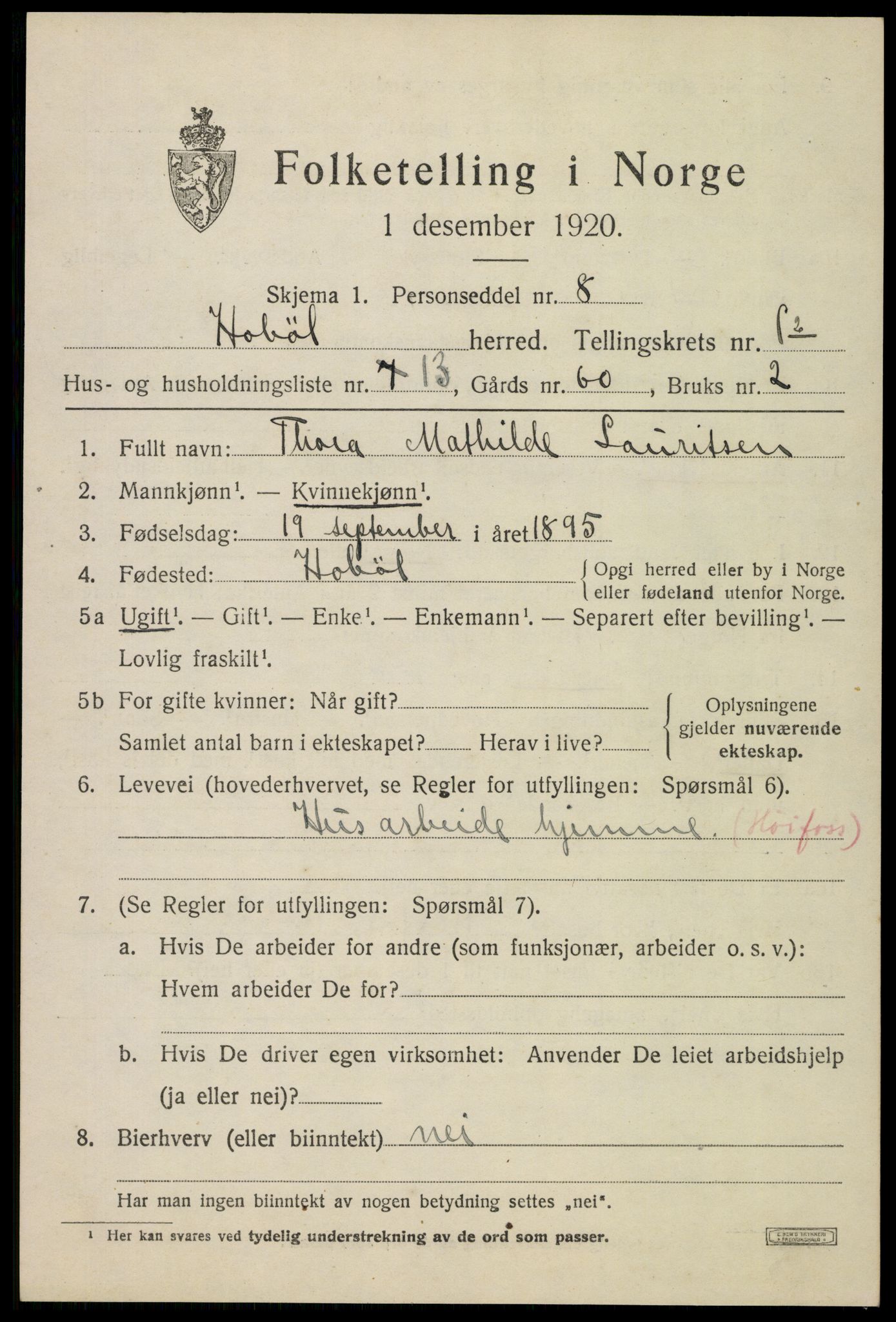 SAO, 1920 census for Hobøl, 1920, p. 2652