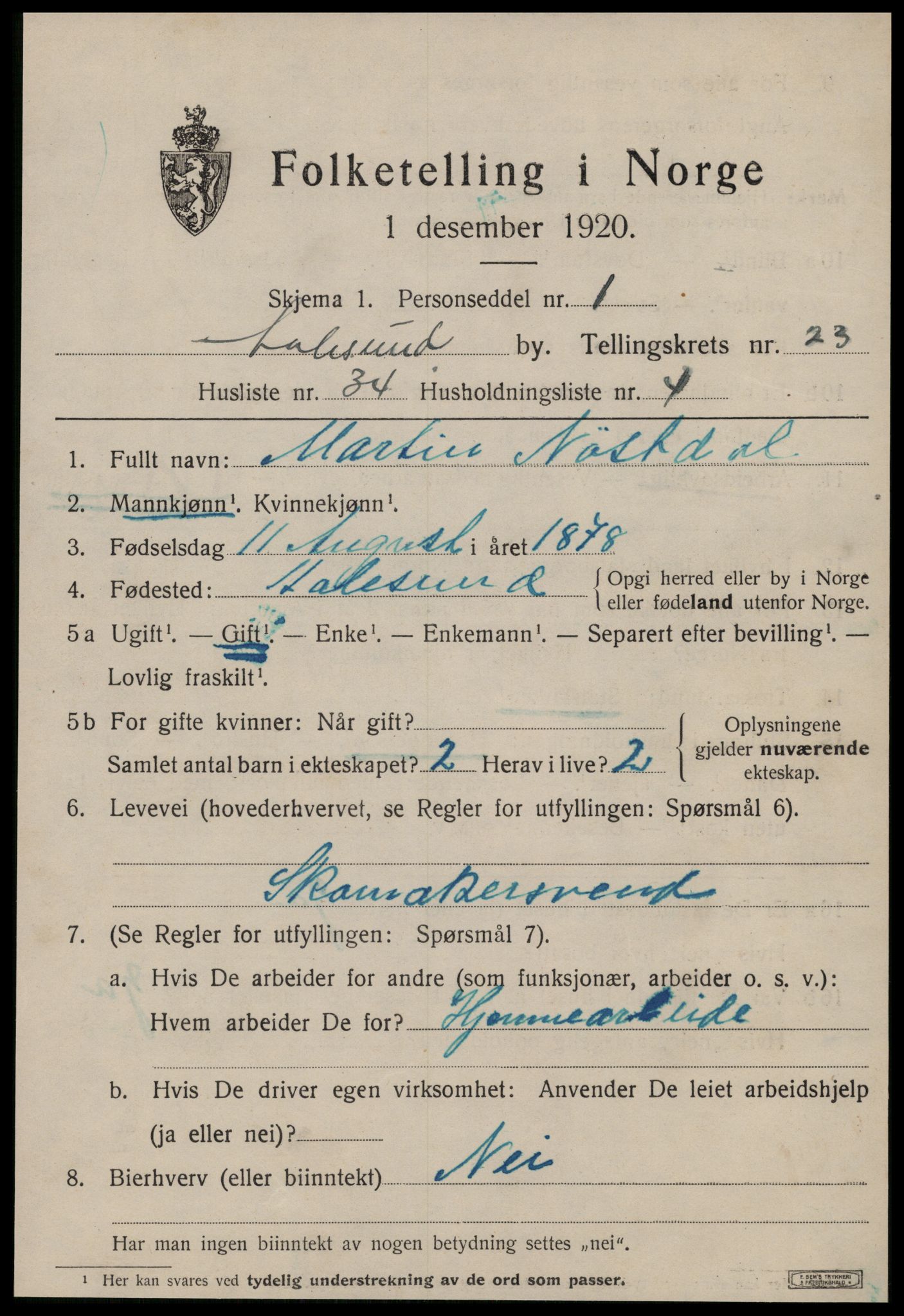 SAT, 1920 census for Ålesund, 1920, p. 42870