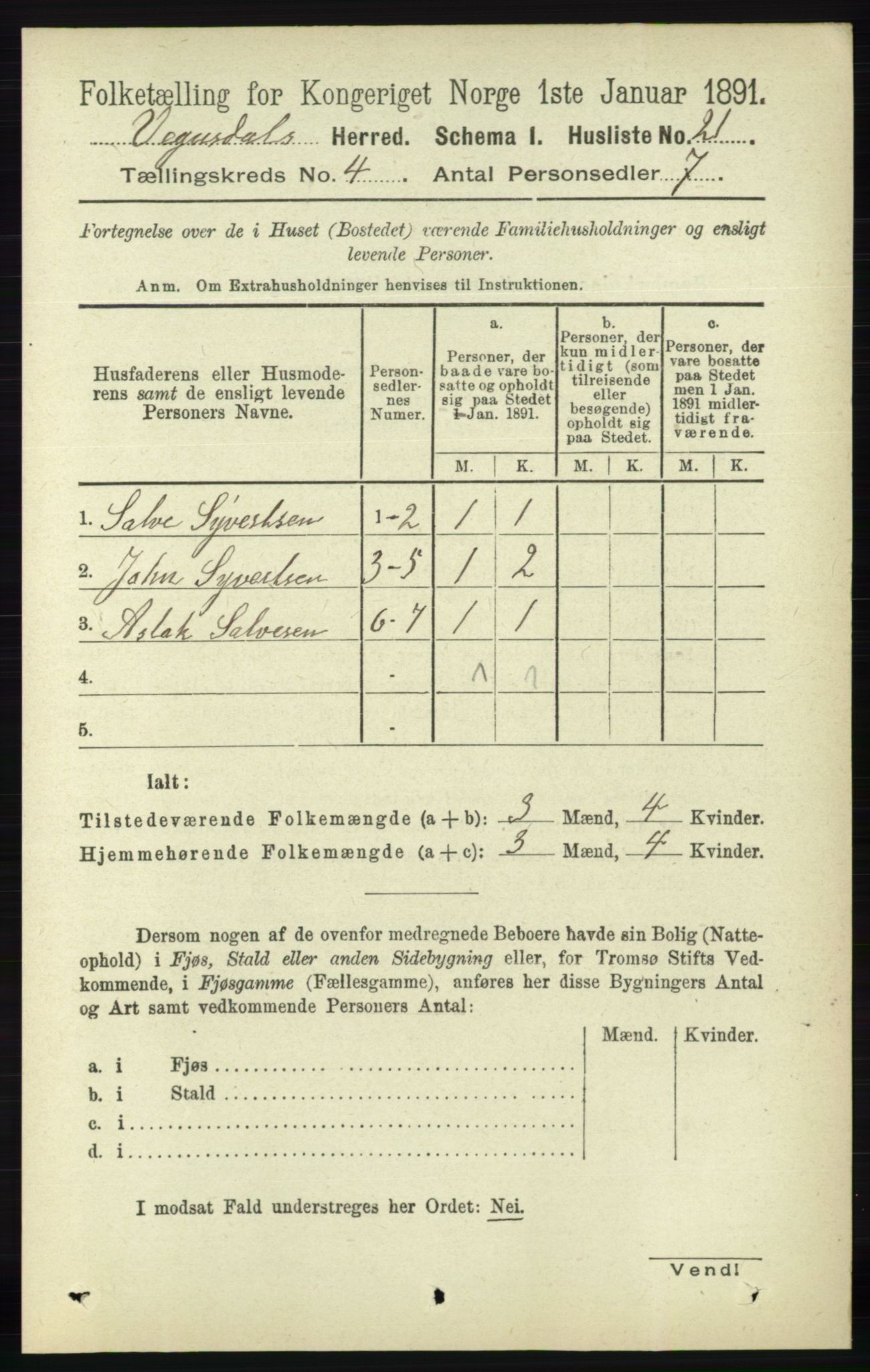 RA, 1891 census for 0934 Vegusdal, 1891, p. 707