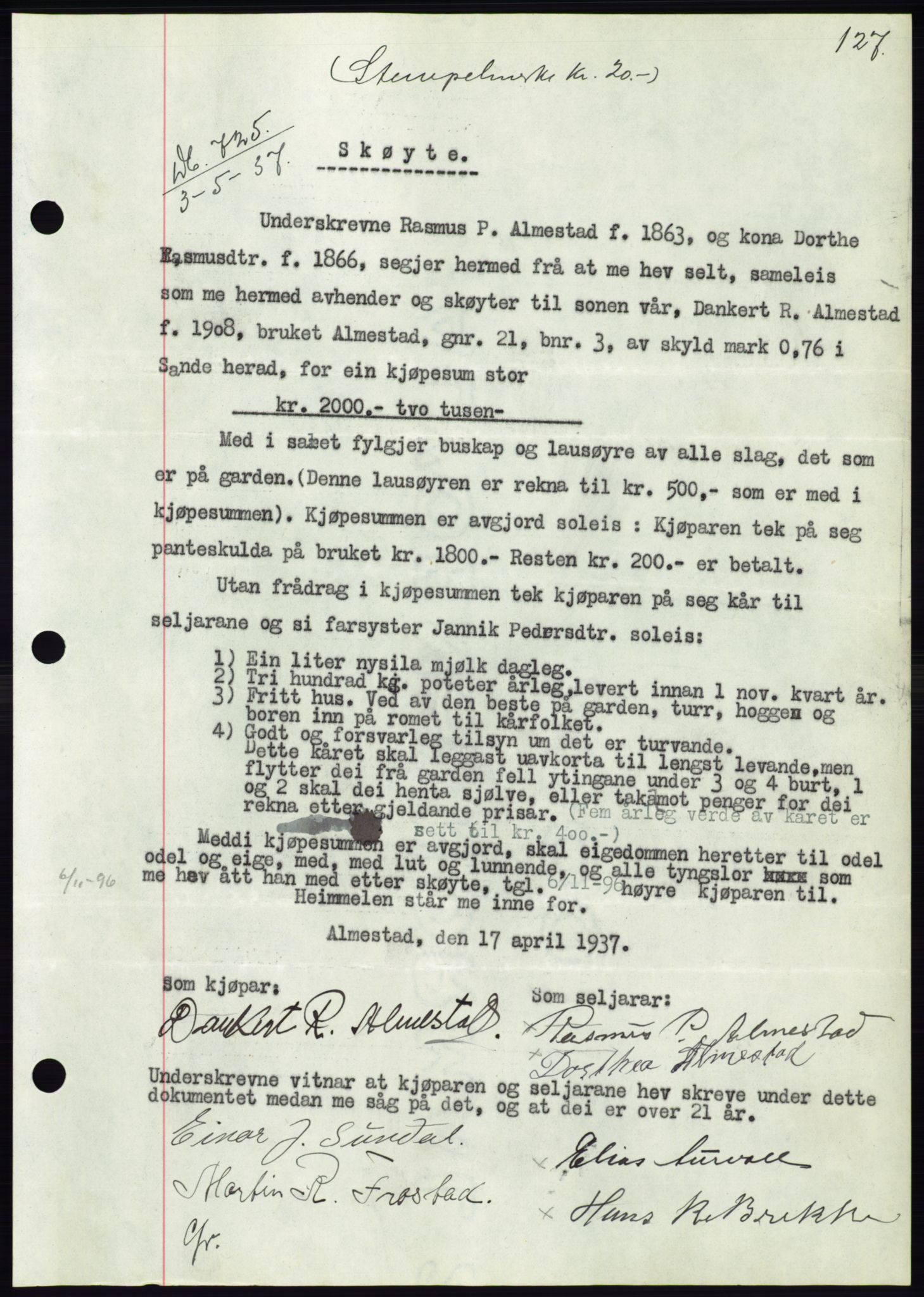 Søre Sunnmøre sorenskriveri, AV/SAT-A-4122/1/2/2C/L0063: Mortgage book no. 57, 1937-1937, Diary no: : 725/1937