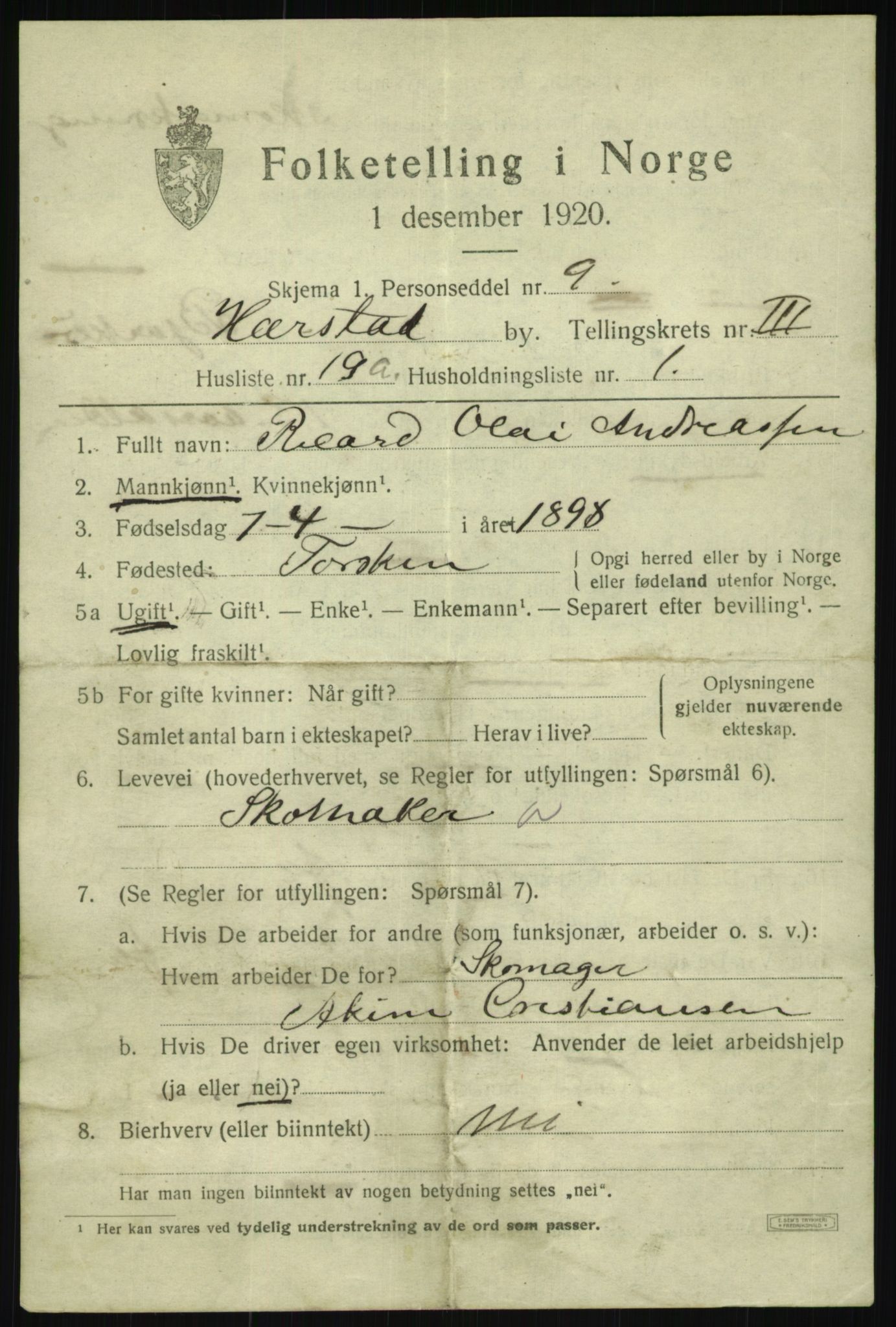 SATØ, 1920 census for Harstad, 1920, p. 4496