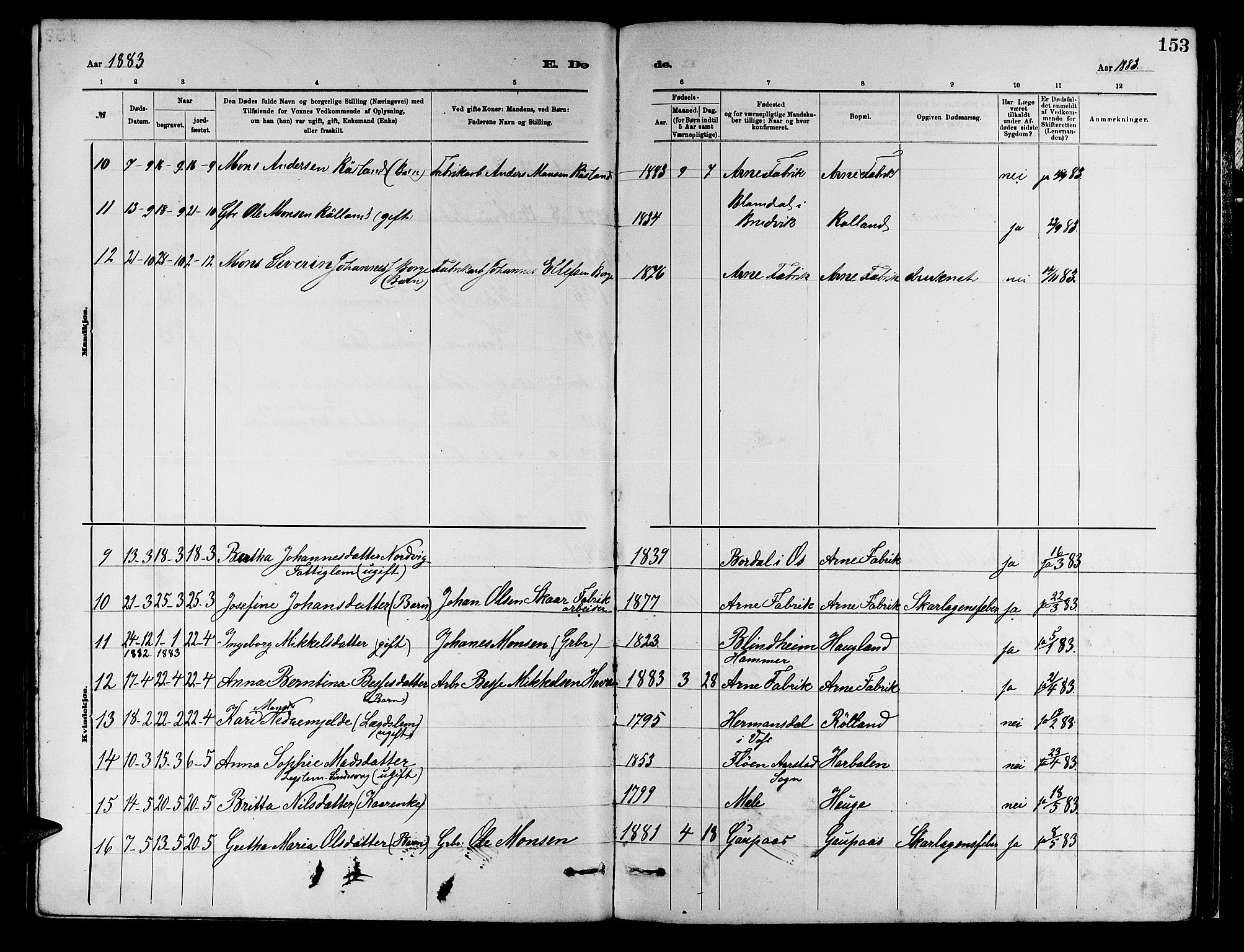Arna sokneprestembete, AV/SAB-A-74001/H/Ha/Hab: Parish register (copy) no. A 2, 1878-1887, p. 153