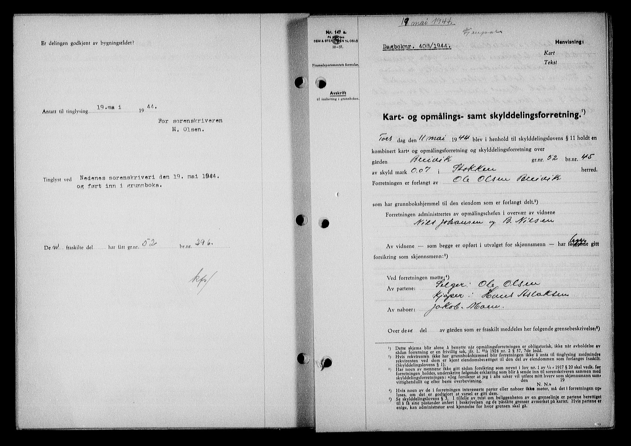 Nedenes sorenskriveri, SAK/1221-0006/G/Gb/Gba/L0051: Mortgage book no. A-V, 1943-1944, Diary no: : 408/1944