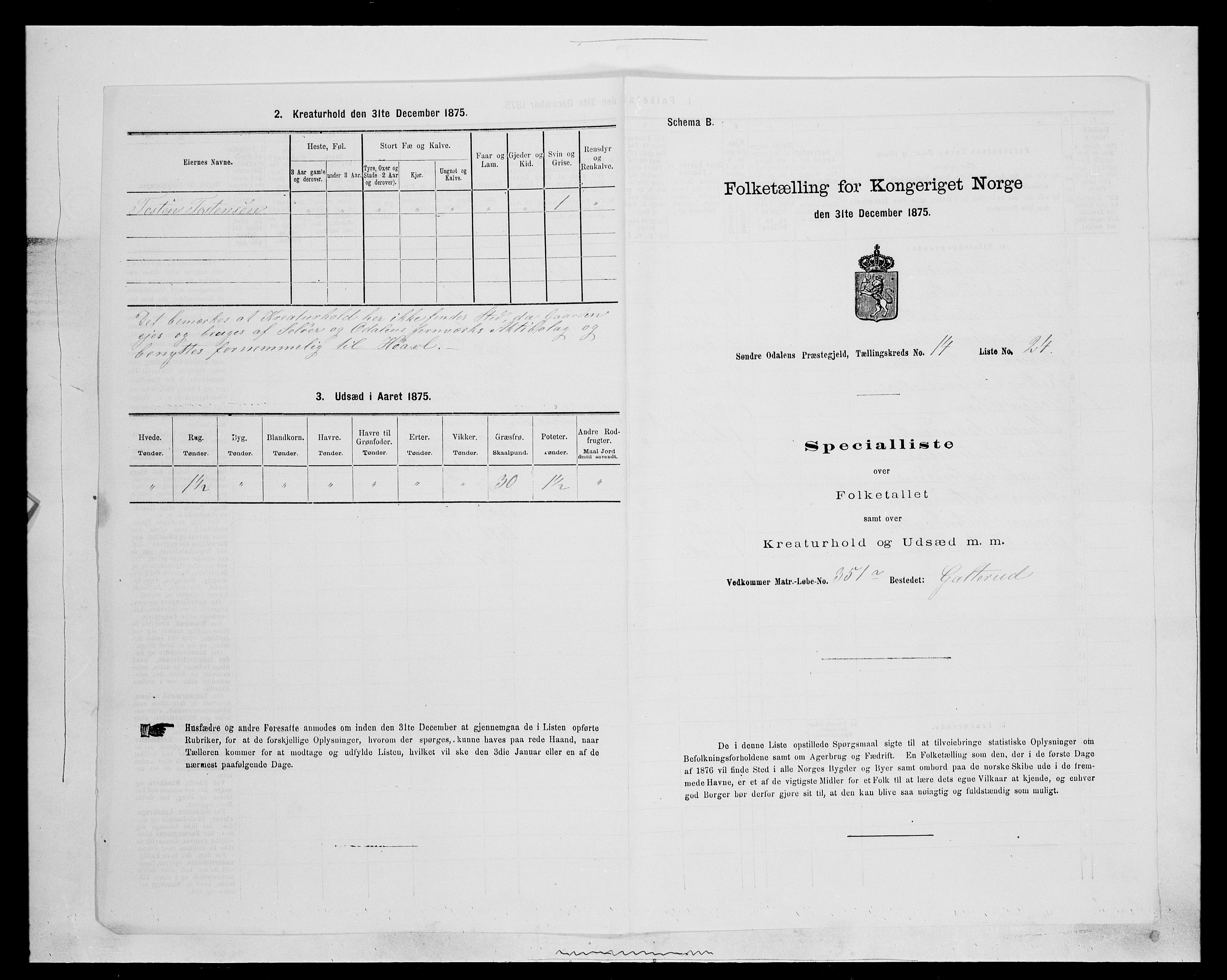 SAH, 1875 census for 0419P Sør-Odal, 1875, p. 1371