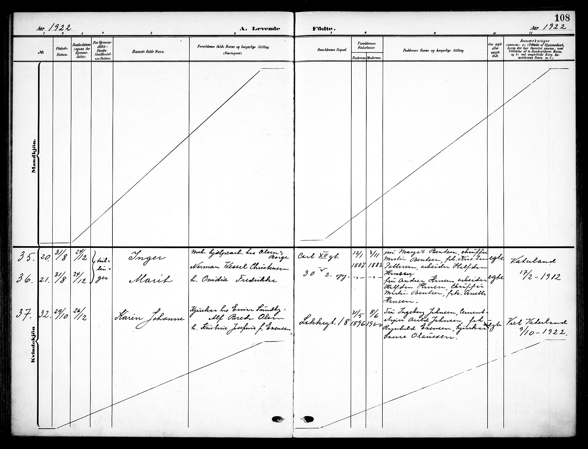 Vaterland prestekontor Kirkebøker, AV/SAO-A-10880/F/Fa/L0001: Parish register (official) no. 1, 1907-1930, p. 108