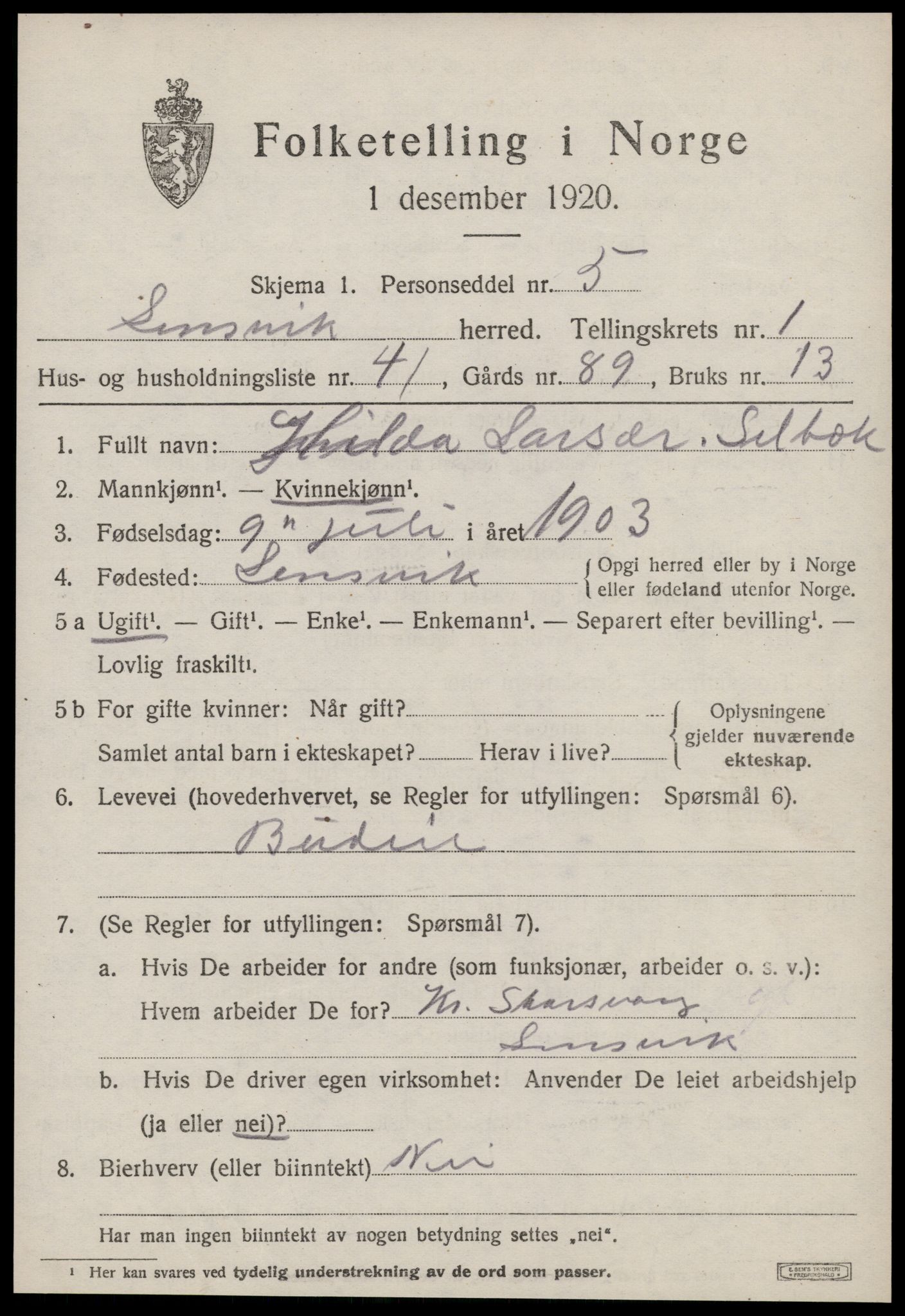 SAT, 1920 census for Lensvik, 1920, p. 940