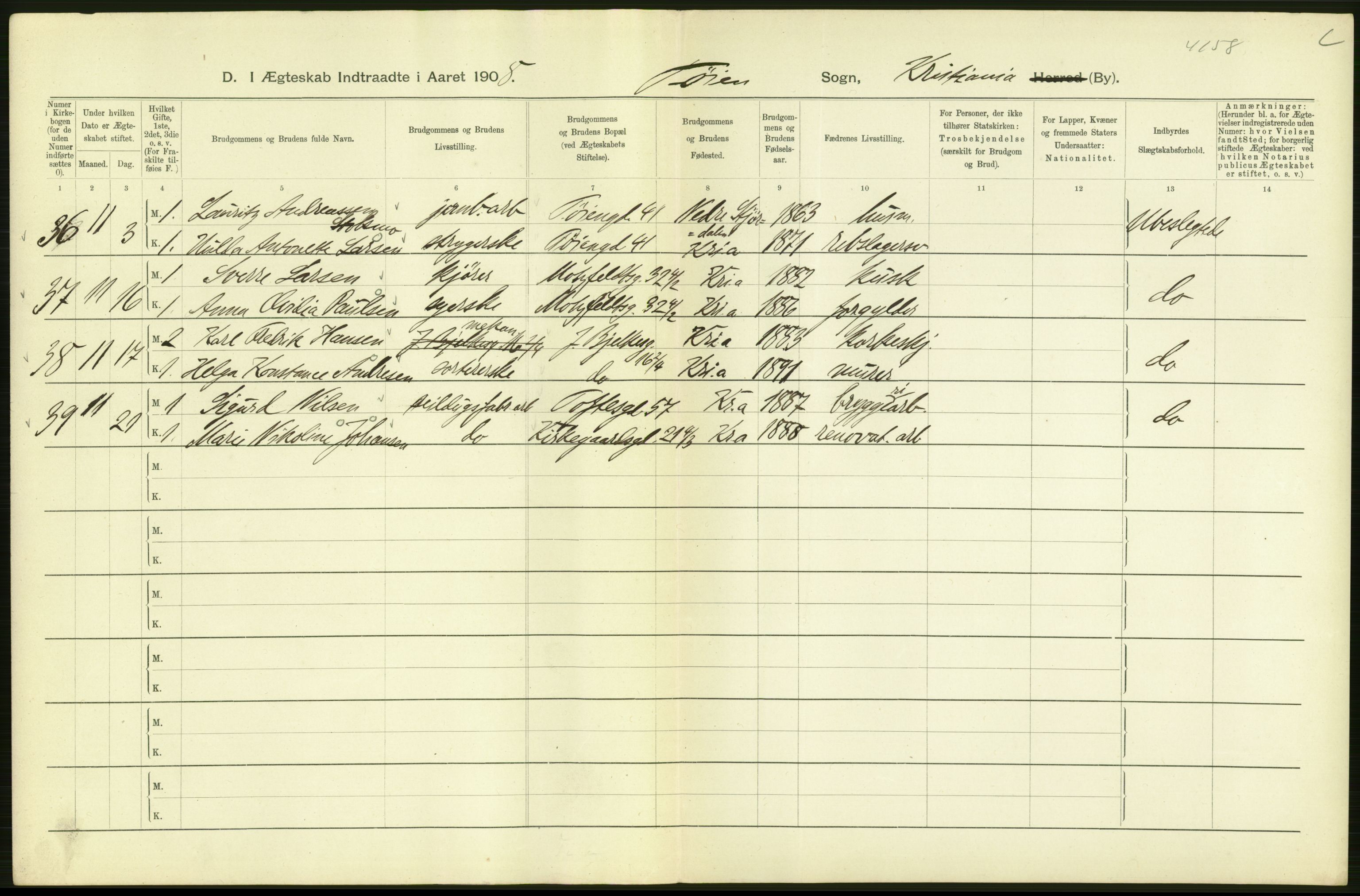 Statistisk sentralbyrå, Sosiodemografiske emner, Befolkning, AV/RA-S-2228/D/Df/Dfa/Dfaf/L0007: Kristiania: Gifte, 1908, p. 92