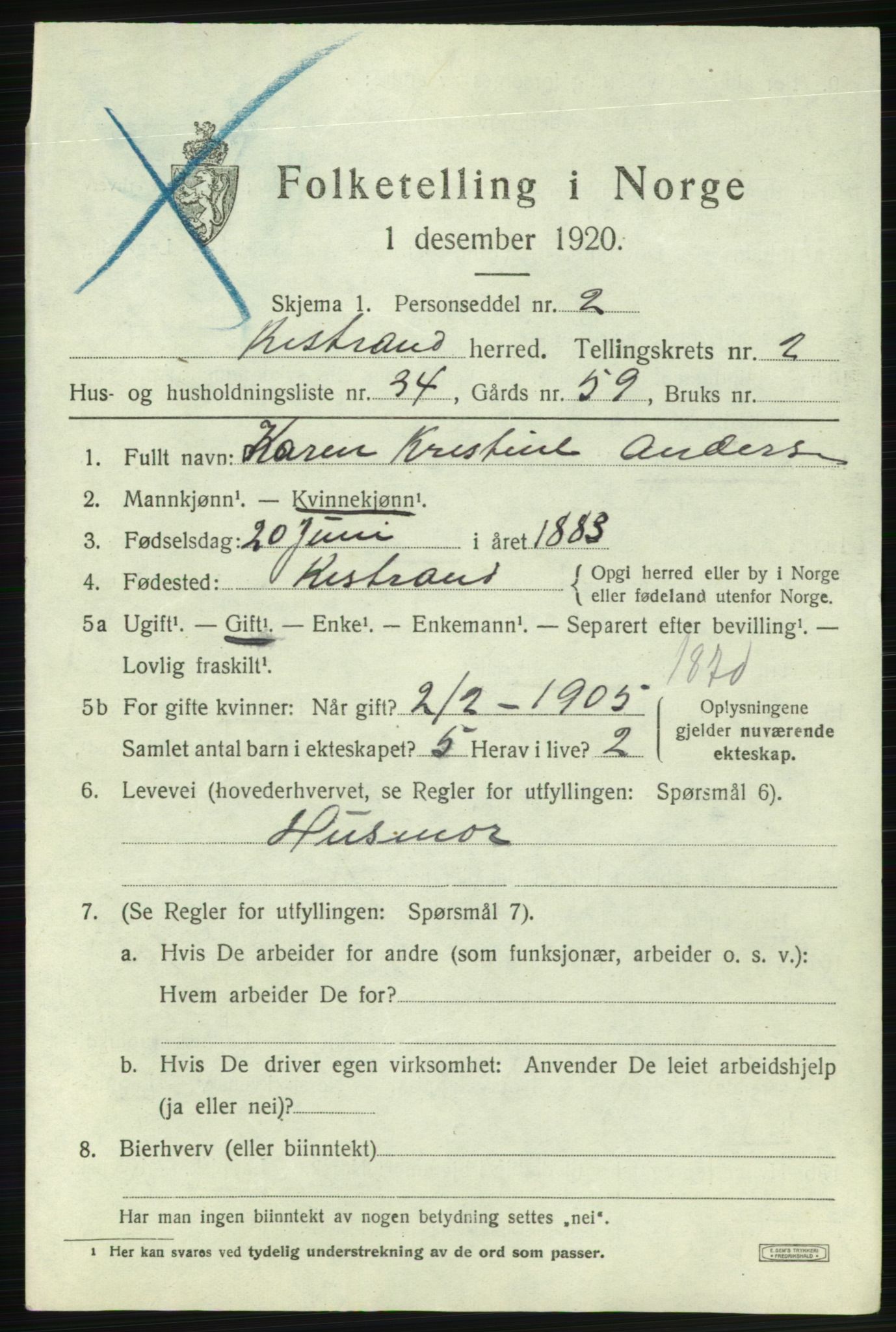 SATØ, 1920 census for Kistrand, 1920, p. 1840