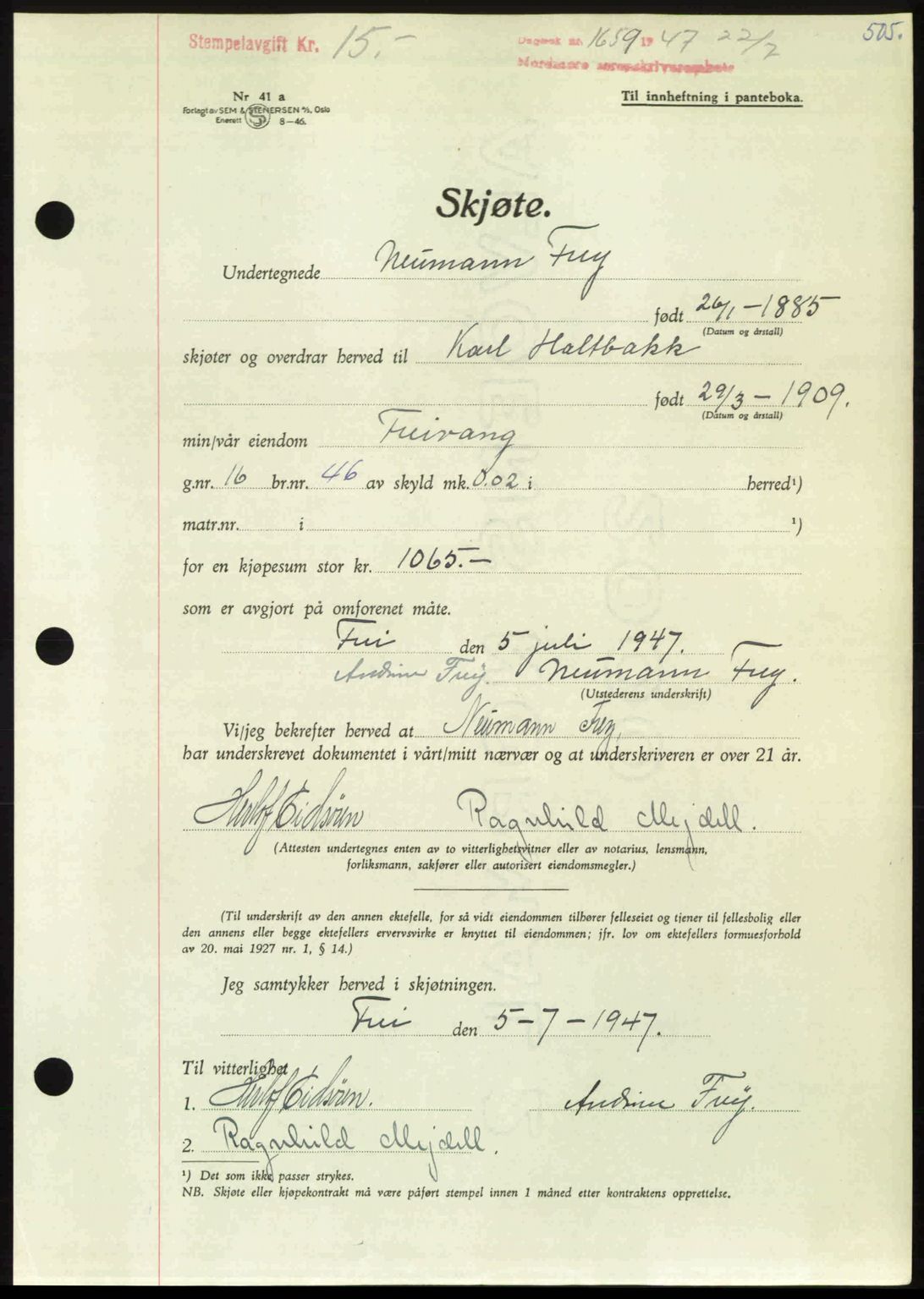 Nordmøre sorenskriveri, AV/SAT-A-4132/1/2/2Ca: Mortgage book no. A105, 1947-1947, Diary no: : 1659/1947