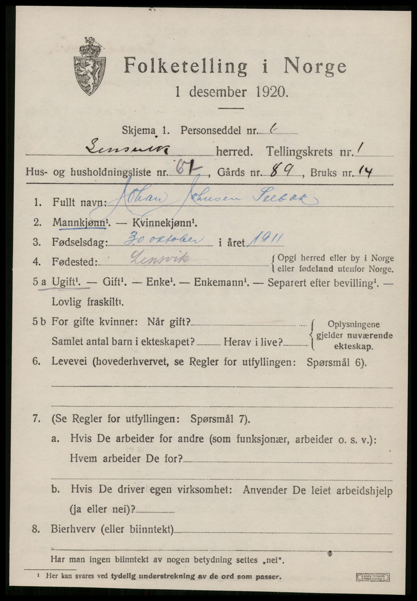 SAT, 1920 census for Lensvik, 1920, p. 1278