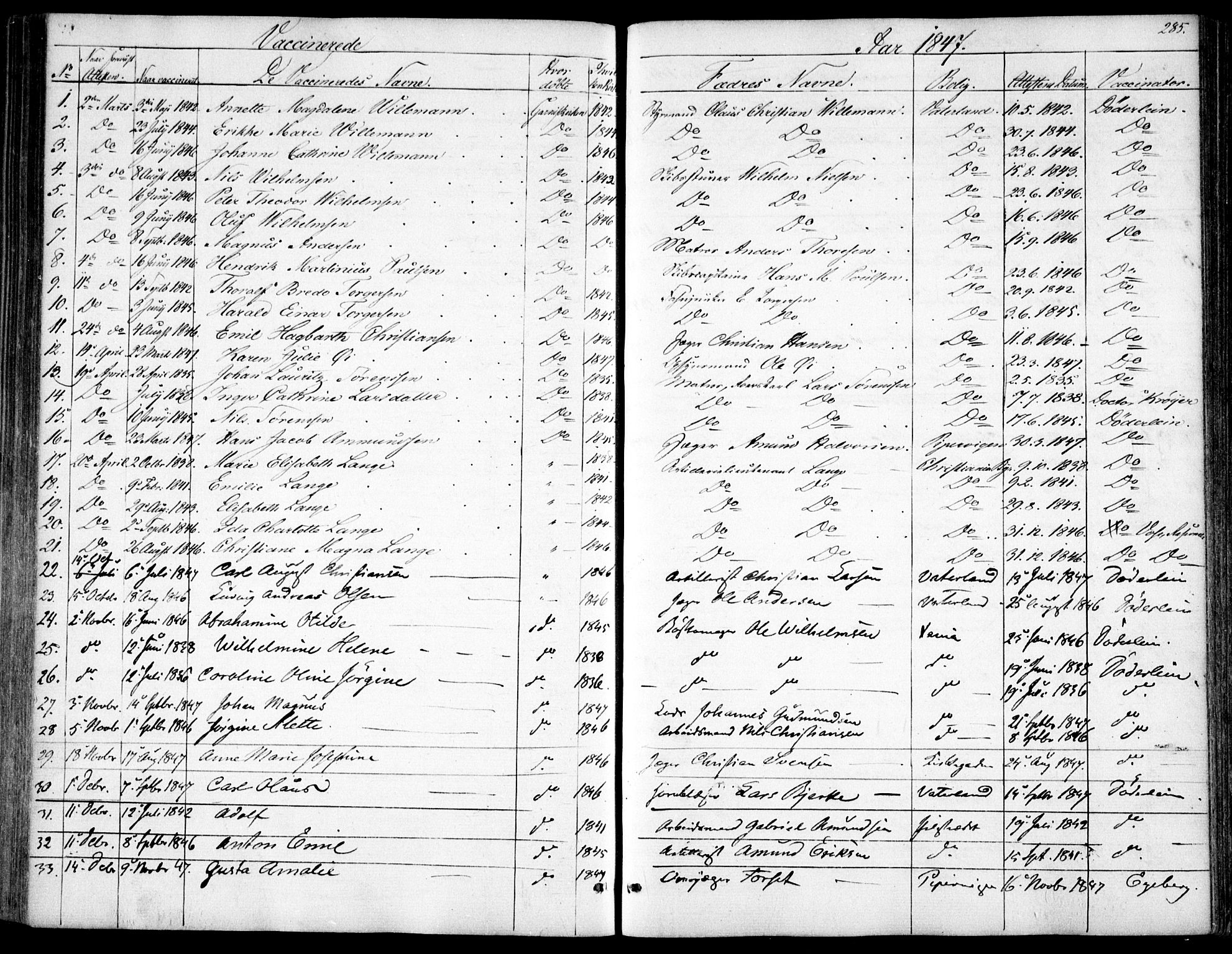 Garnisonsmenigheten Kirkebøker, SAO/A-10846/F/Fa/L0009: Parish register (official) no. 9, 1842-1859, p. 285