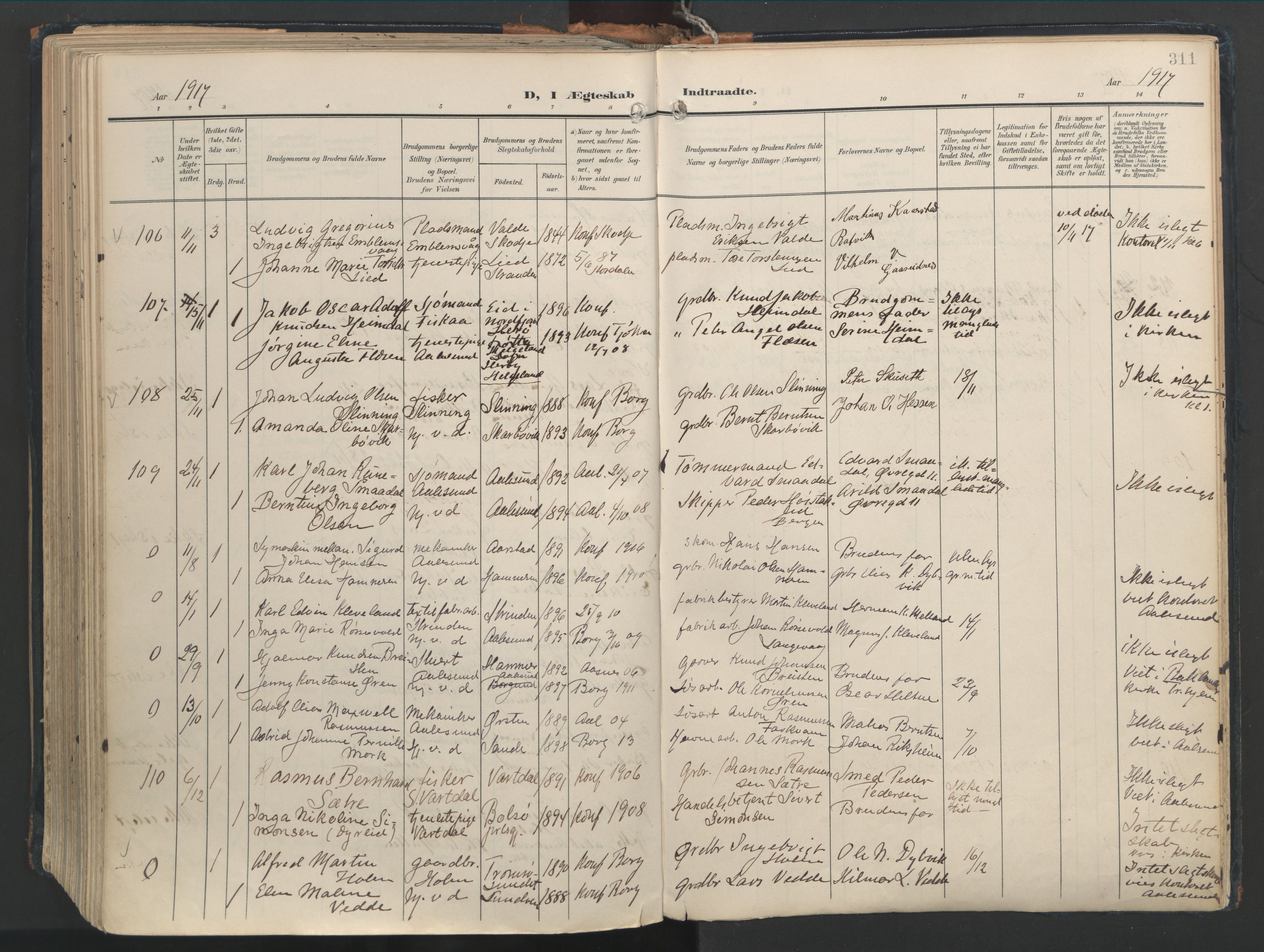 Ministerialprotokoller, klokkerbøker og fødselsregistre - Møre og Romsdal, AV/SAT-A-1454/528/L0411: Parish register (official) no. 528A20, 1907-1920, p. 311