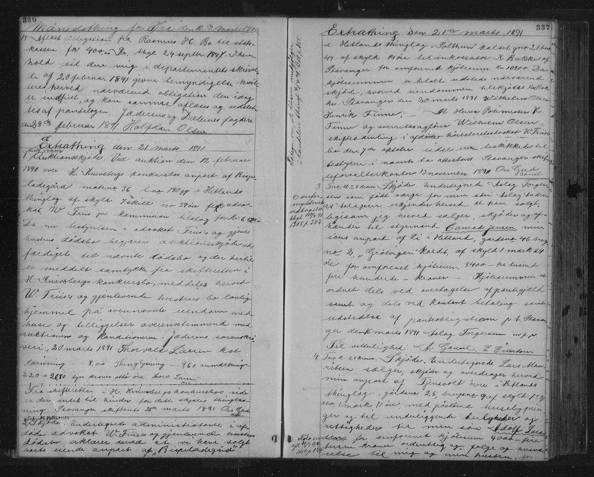 Jæren sorenskriveri, SAST/A-100310/01/4/41/41BF/L0011: Mortgage book no. 18, 1890-1892, p. 336-337