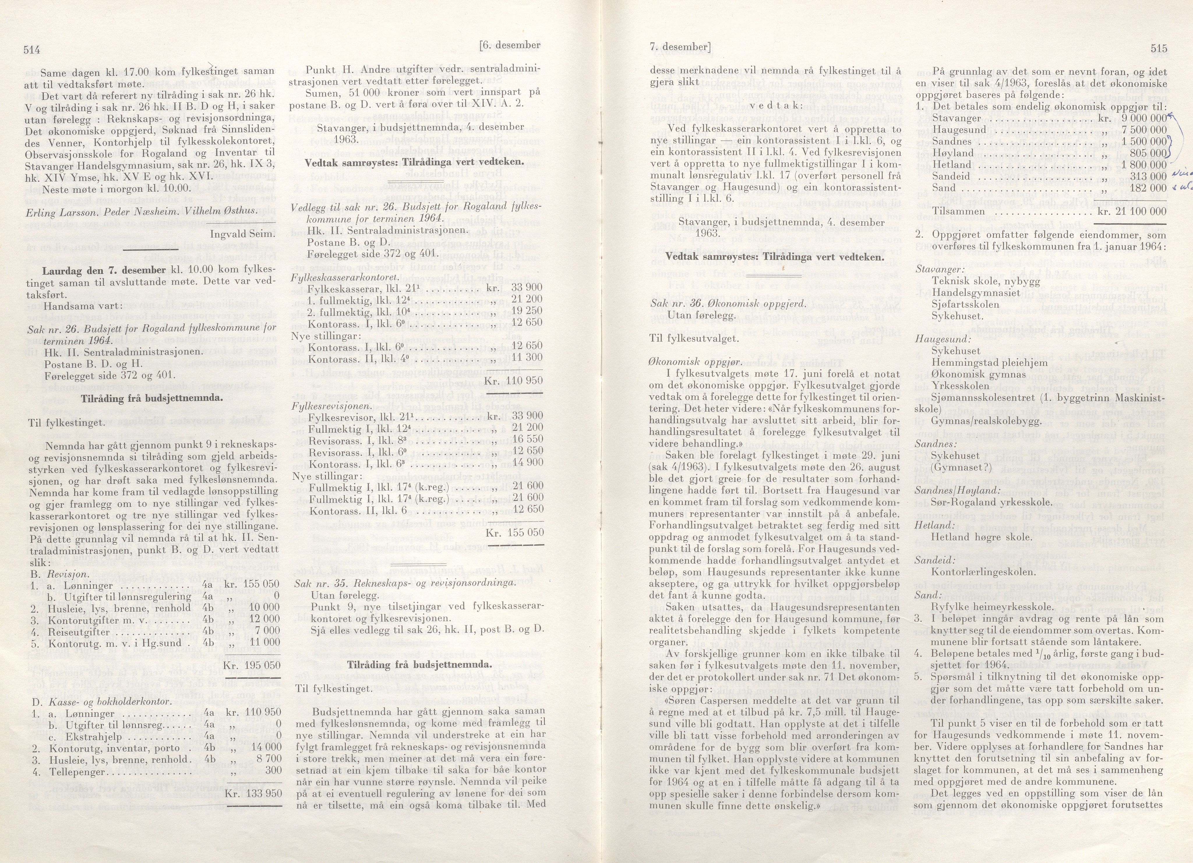 Rogaland fylkeskommune - Fylkesrådmannen , IKAR/A-900/A/Aa/Aaa/L0083: Møtebok , 1963, p. 514-515