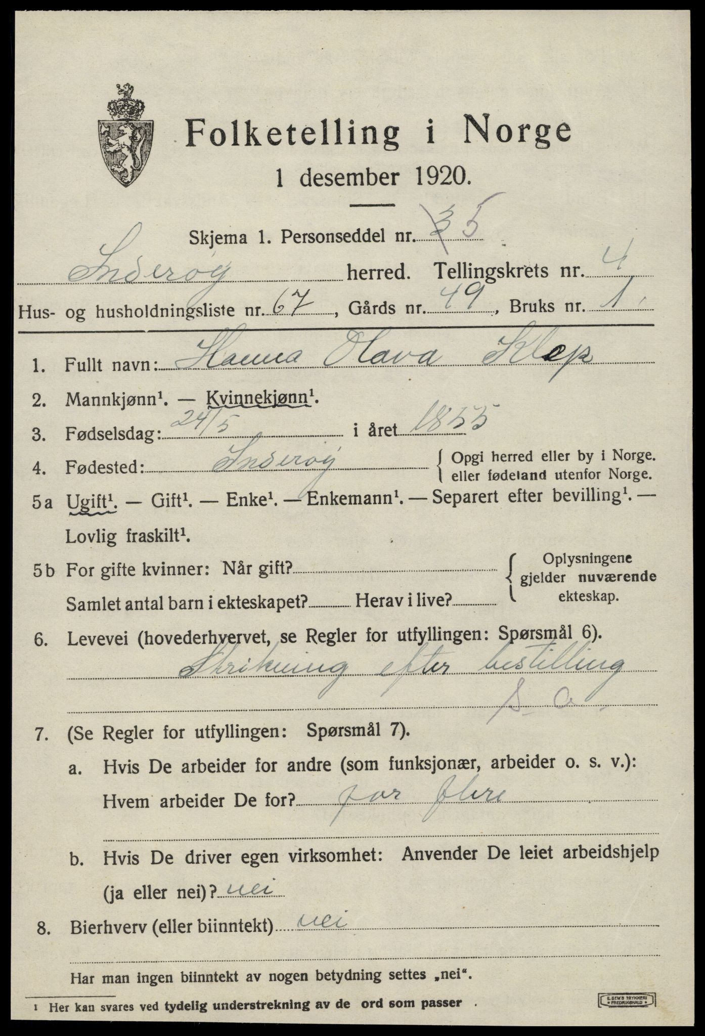 SAT, 1920 census for Inderøy, 1920, p. 4187