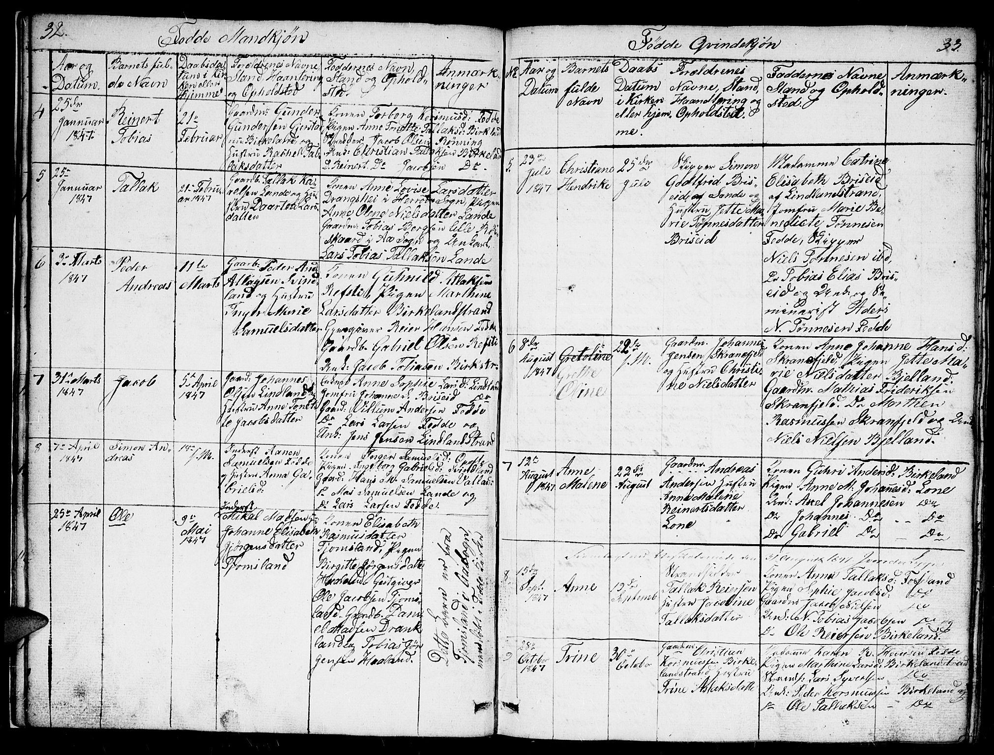 Kvinesdal sokneprestkontor, AV/SAK-1111-0026/F/Fb/Fba/L0002: Parish register (copy) no. B 2, 1838-1858, p. 32-33