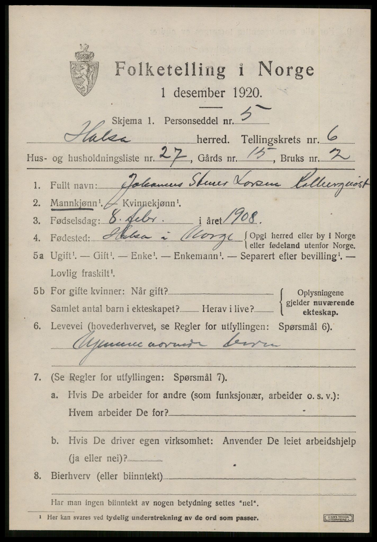 SAT, 1920 census for Halsa, 1920, p. 2545