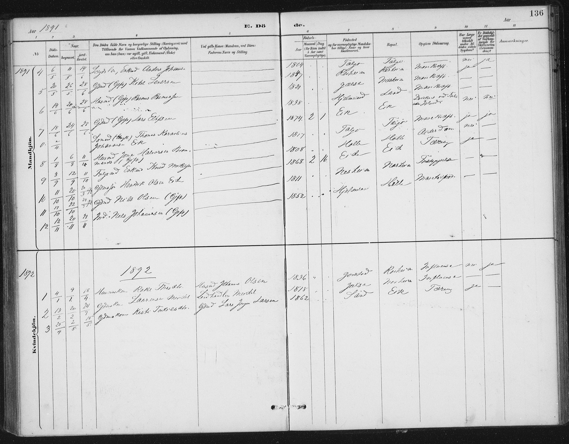 Nedstrand sokneprestkontor, AV/SAST-A-101841/01/IV: Parish register (official) no. A 13, 1887-1915, p. 136