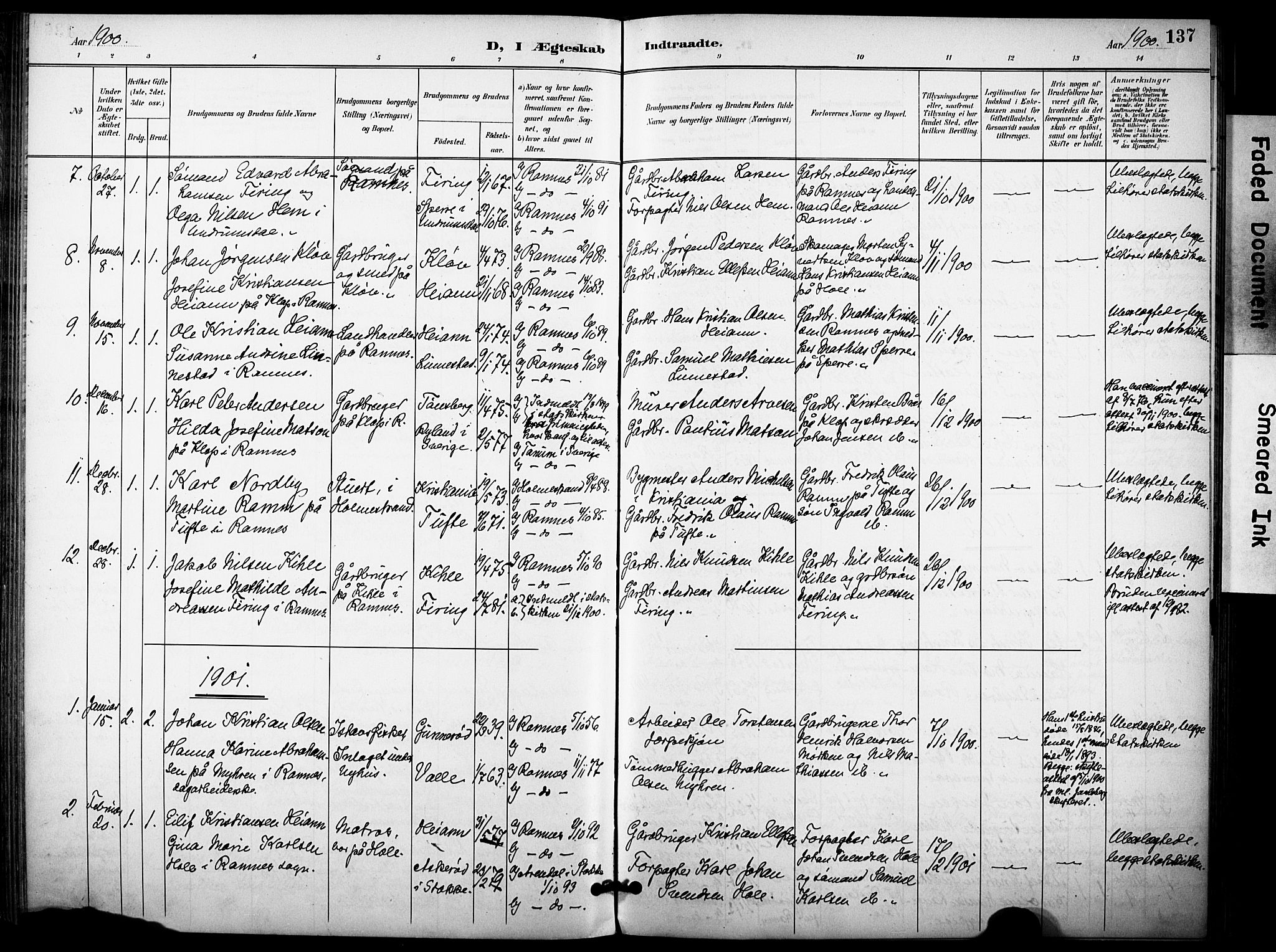 Ramnes kirkebøker, AV/SAKO-A-314/F/Fa/L0008: Parish register (official) no. I 8, 1896-1913, p. 137