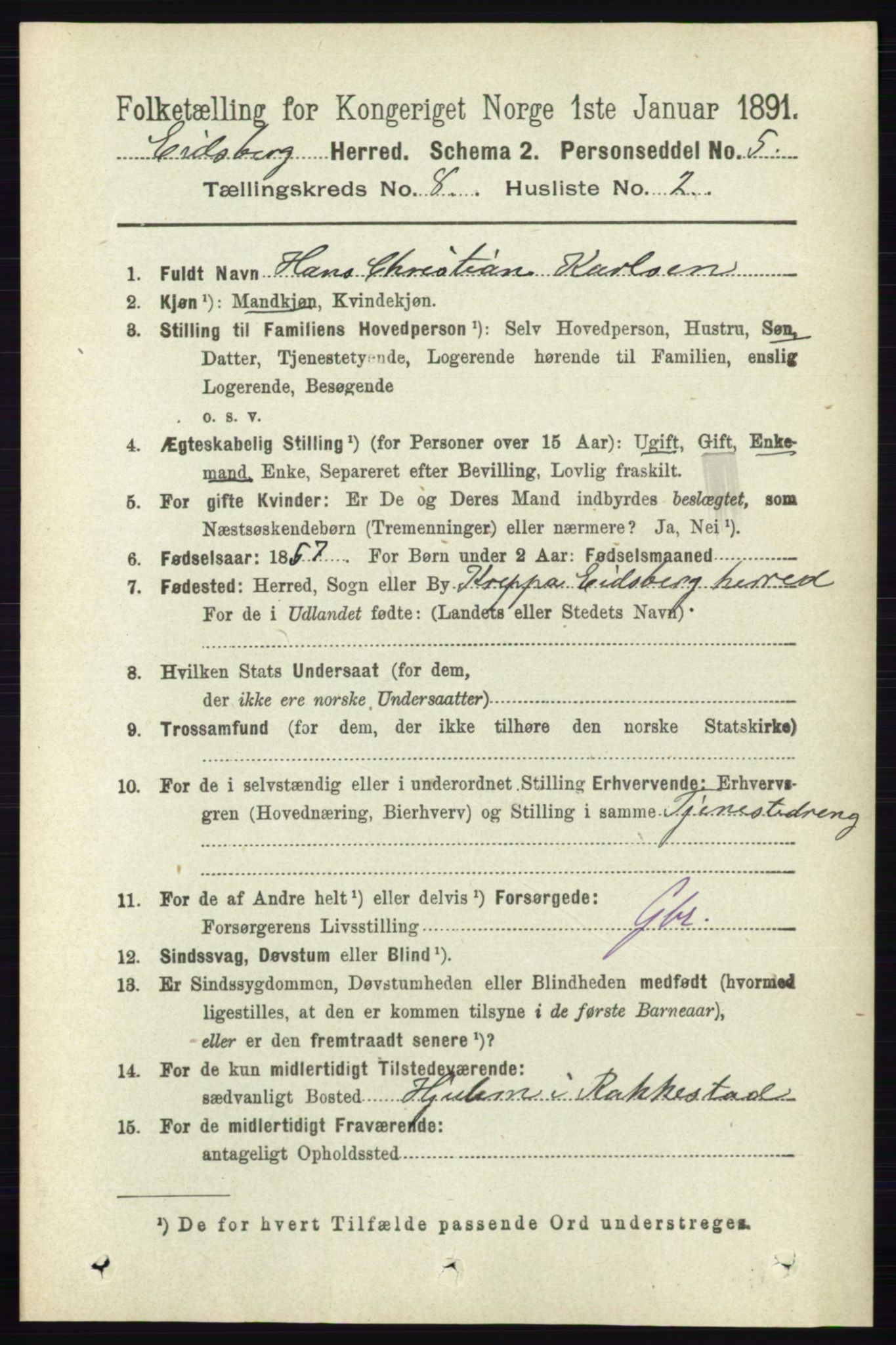 RA, 1891 census for 0125 Eidsberg, 1891, p. 4646