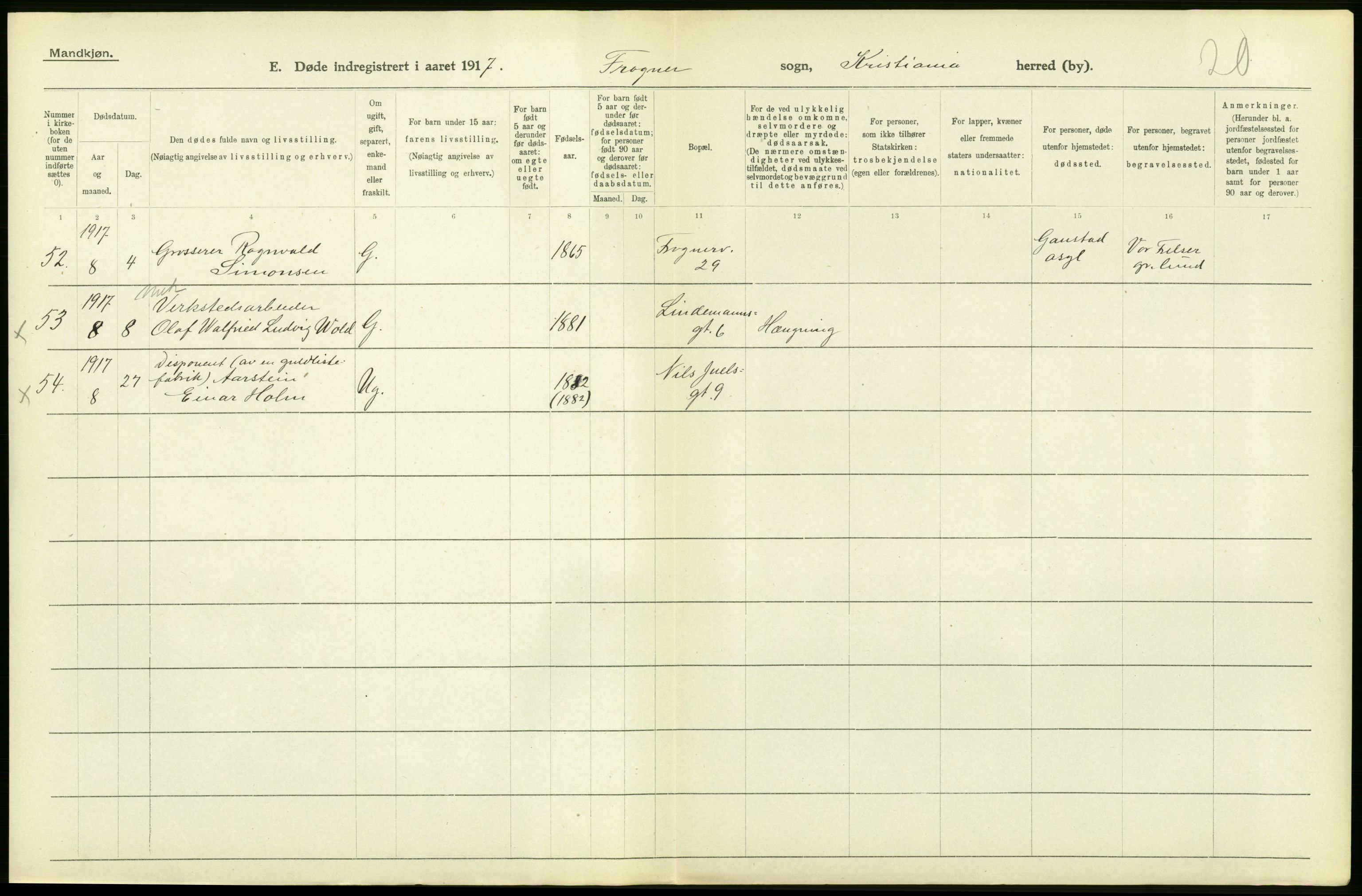 Statistisk sentralbyrå, Sosiodemografiske emner, Befolkning, AV/RA-S-2228/D/Df/Dfb/Dfbg/L0010: Kristiania: Døde, 1917, p. 476