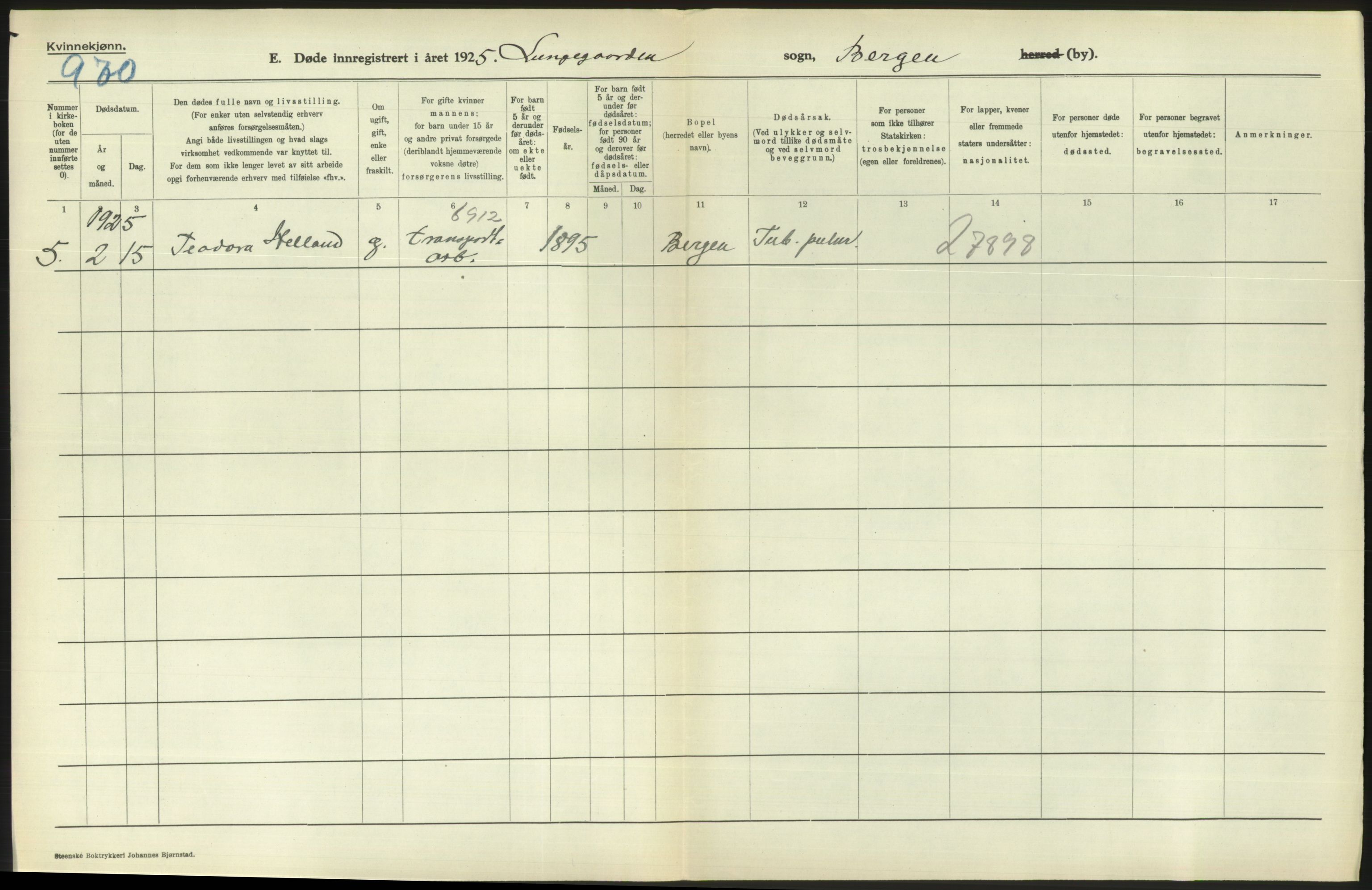 Statistisk sentralbyrå, Sosiodemografiske emner, Befolkning, RA/S-2228/D/Df/Dfc/Dfce/L0029: Bergen: Gifte, døde., 1925, p. 782