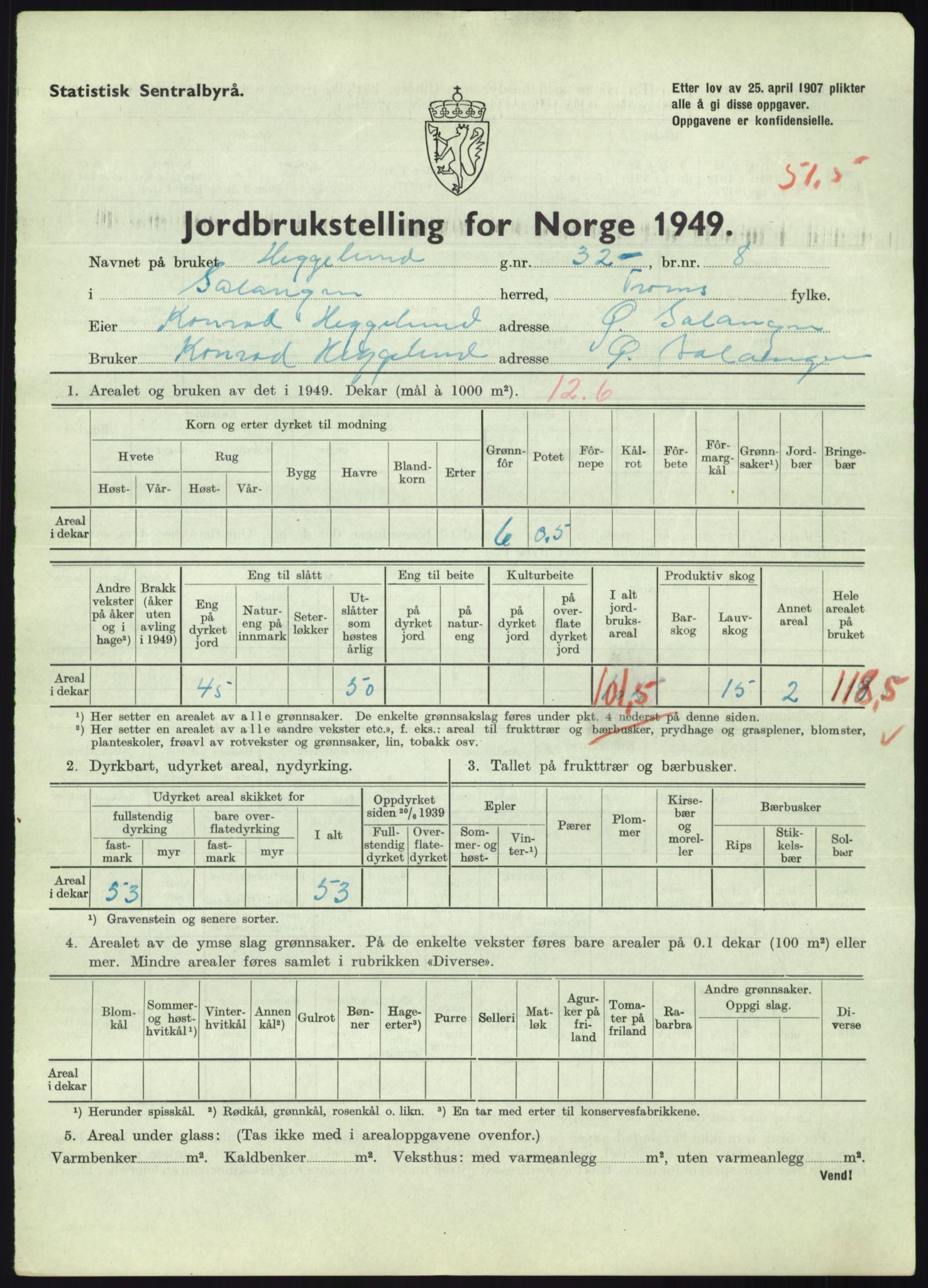 Statistisk sentralbyrå, Næringsøkonomiske emner, Jordbruk, skogbruk, jakt, fiske og fangst, AV/RA-S-2234/G/Gc/L0438: Troms: Salangen og Bardu, 1949, p. 904