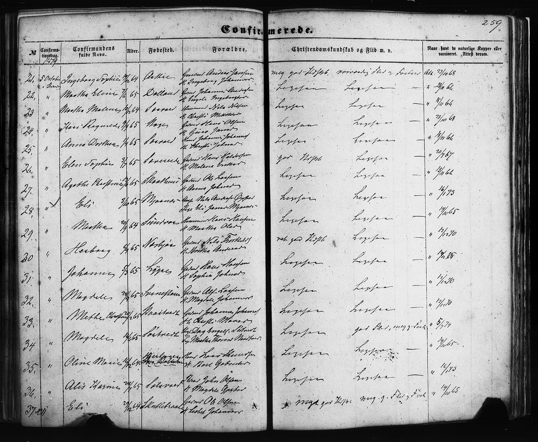 Fusa sokneprestembete, AV/SAB-A-75401/H/Haa: Parish register (official) no. A 1I, 1855-1879, p. 259