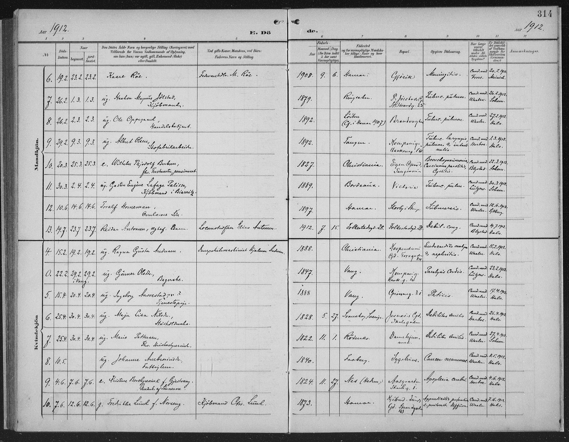 Hamar prestekontor, AV/SAH-DOMPH-002/H/Ha/Haa/L0001: Parish register (official) no. 1, 1900-1914, p. 314