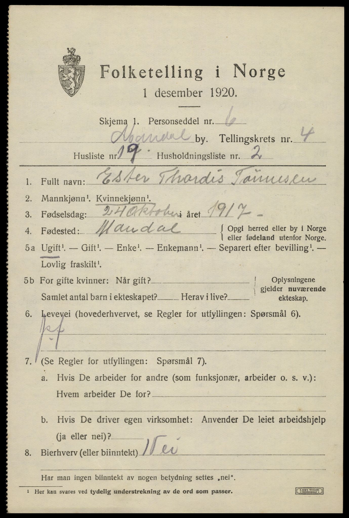 SAK, 1920 census for Mandal, 1920, p. 7223
