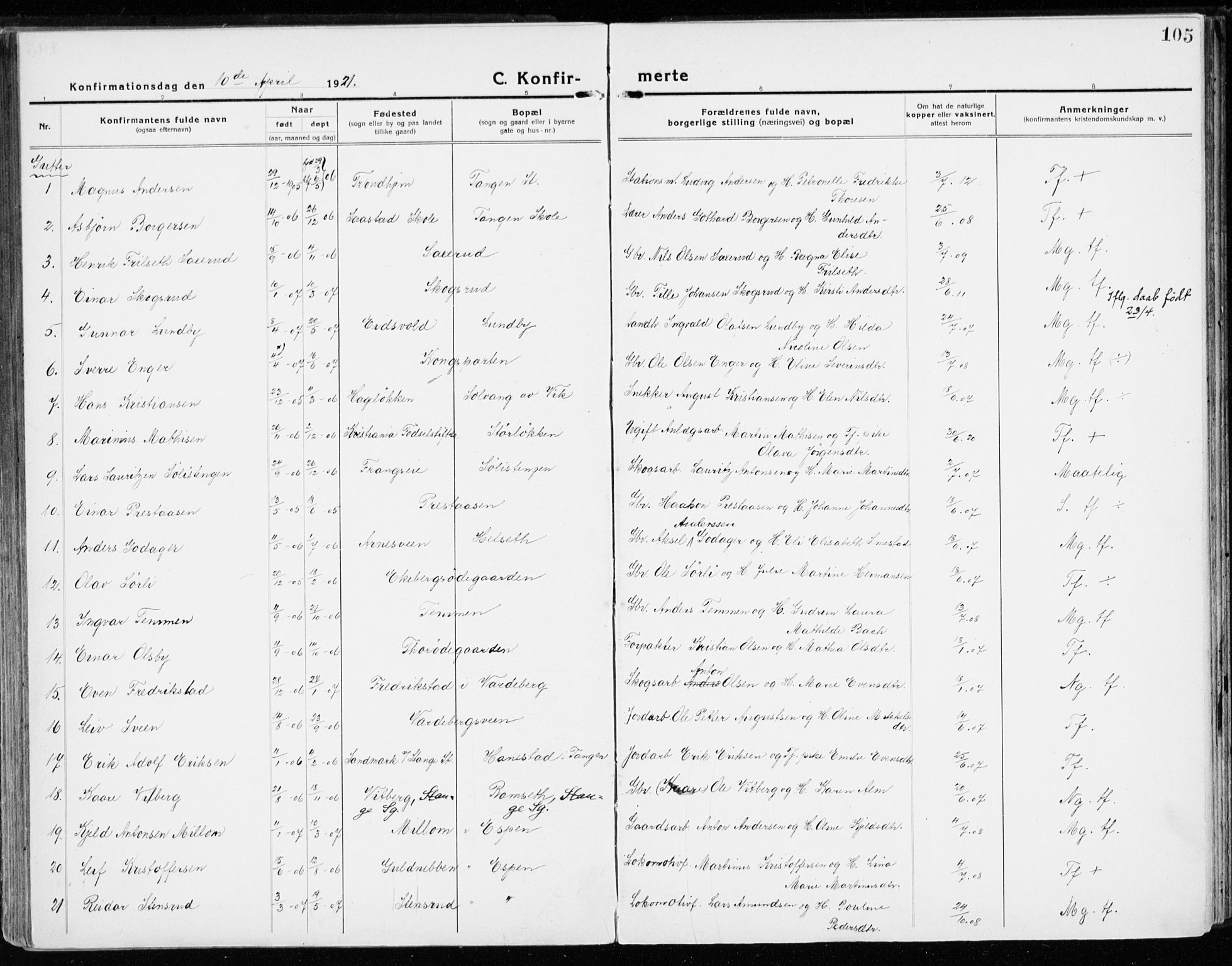 Stange prestekontor, AV/SAH-PREST-002/K/L0025: Parish register (official) no. 25, 1921-1945, p. 105