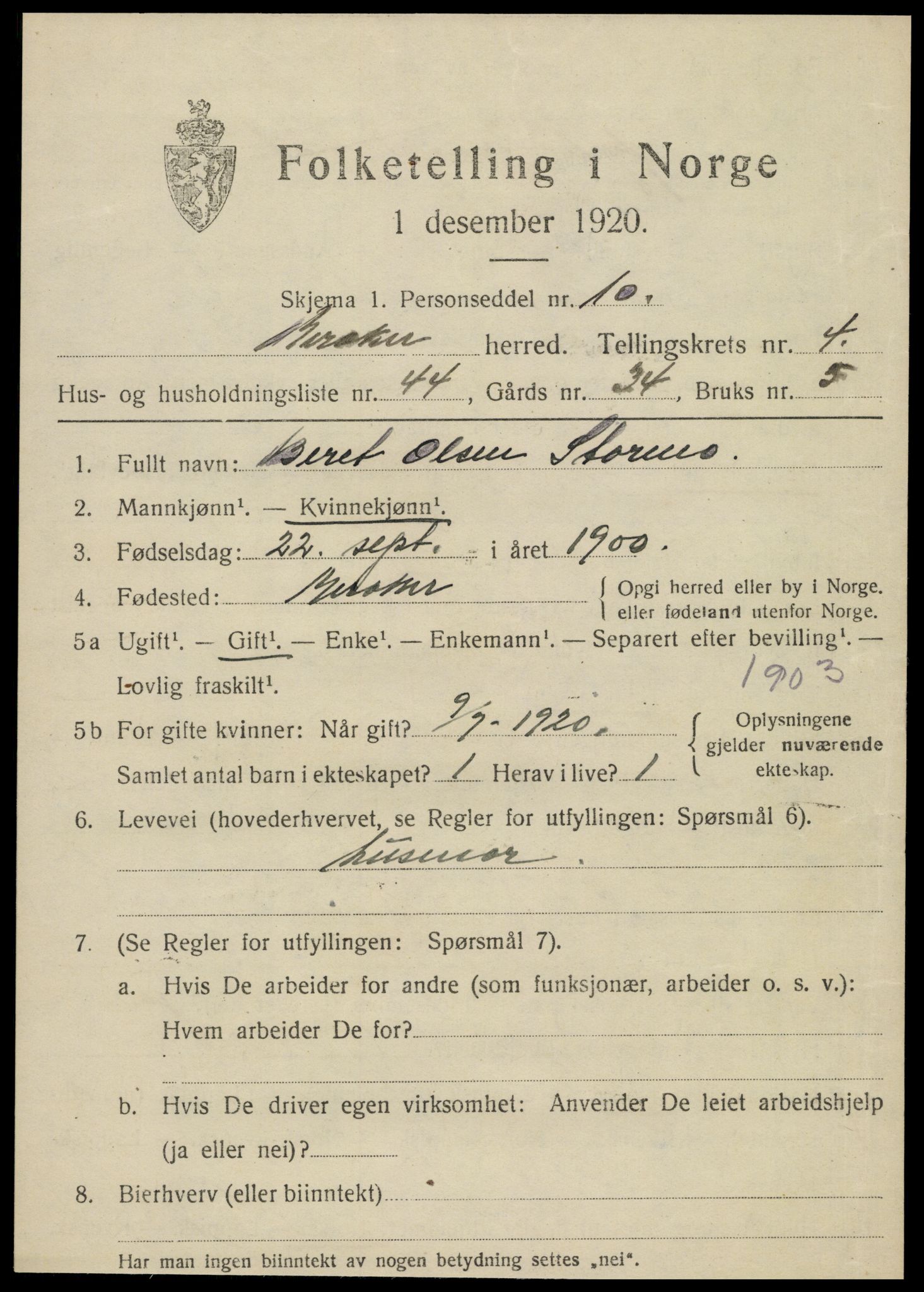 SAT, 1920 census for Meråker, 1920, p. 4030