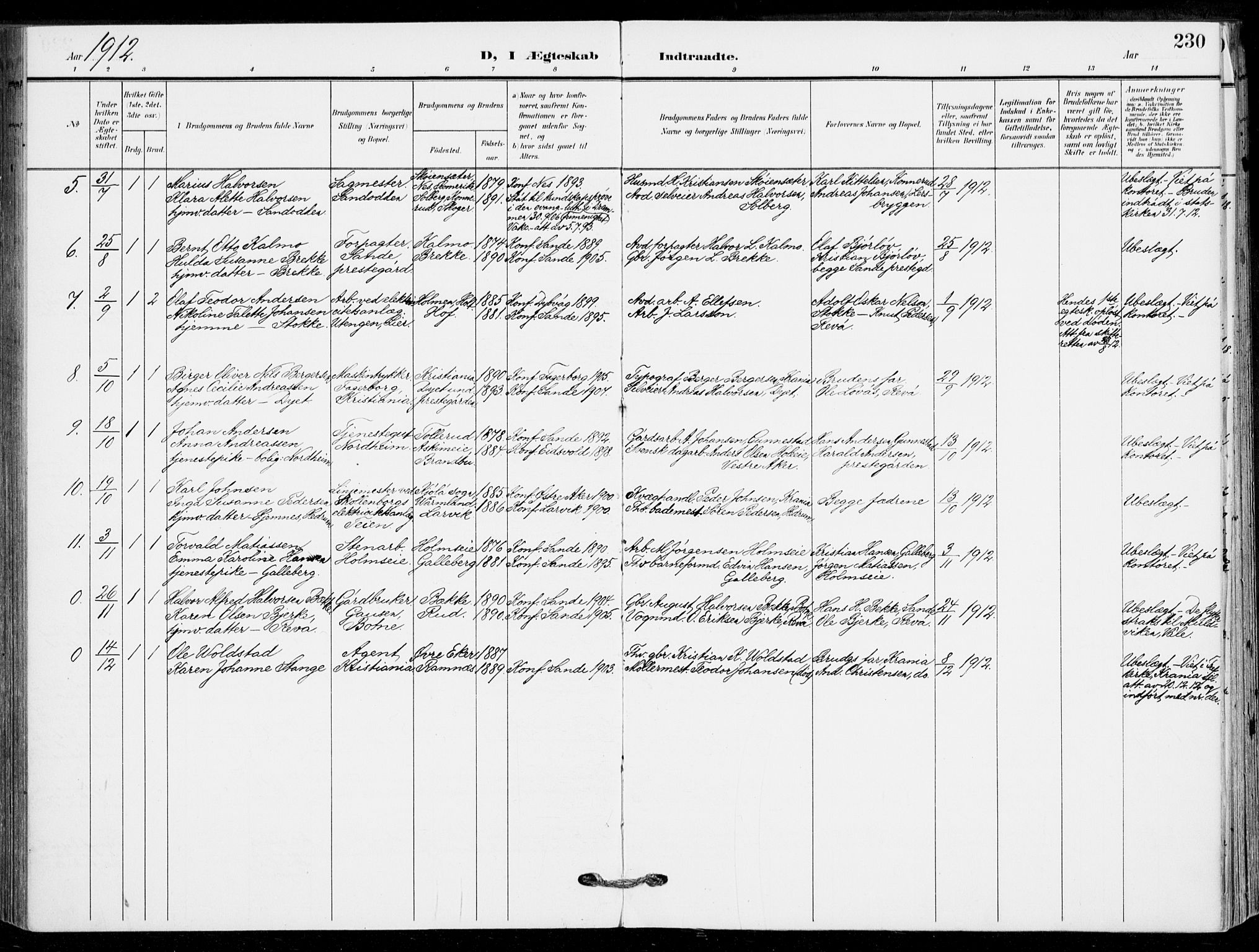 Sande Kirkebøker, AV/SAKO-A-53/F/Fa/L0008: Parish register (official) no. 8, 1904-1921, p. 230