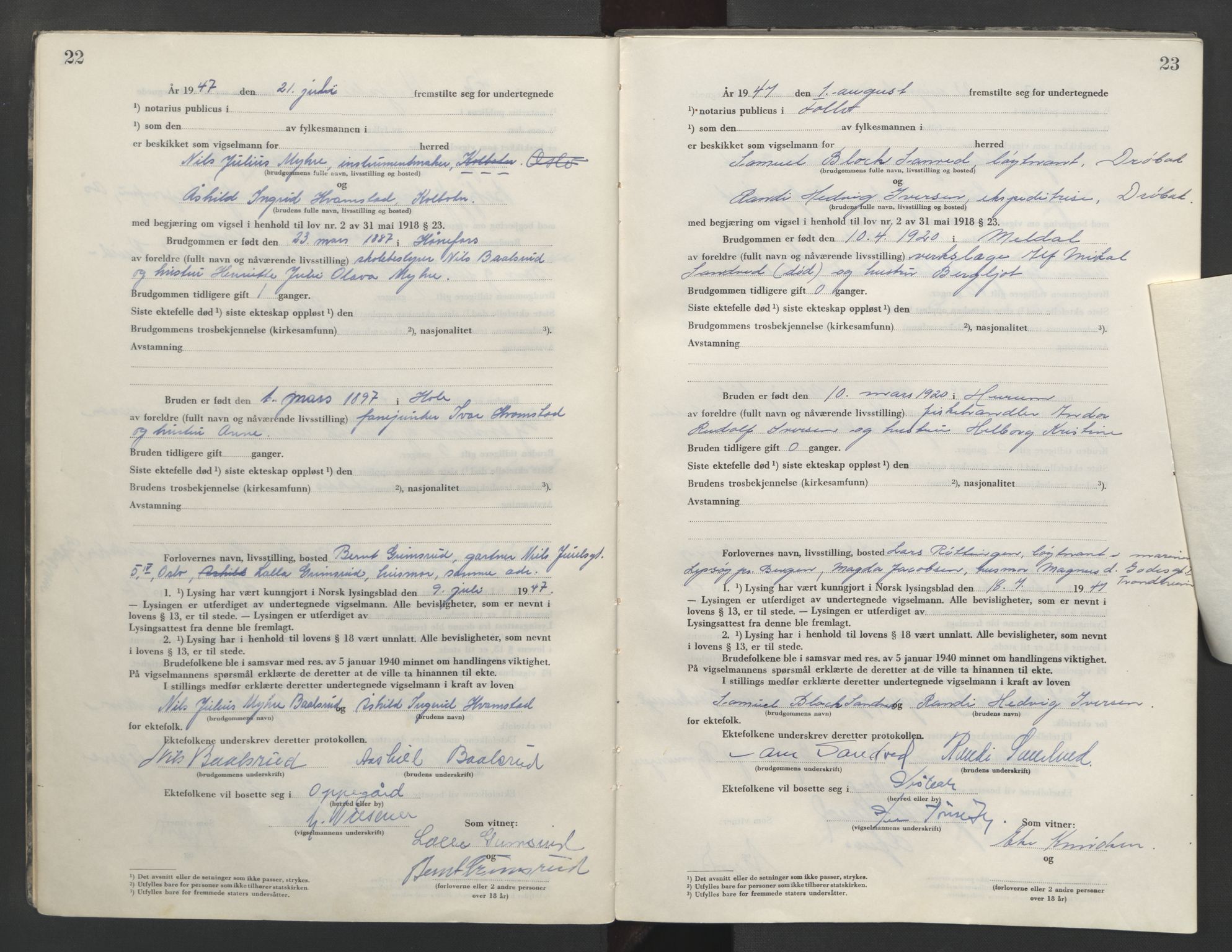 Follo sorenskriveri, AV/SAO-A-10274/L/La/Lab/L0003: Vigselsbok, 1946-1955, p. 22-23