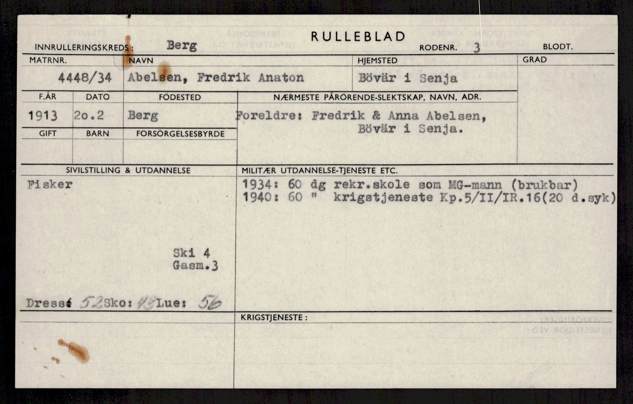 Forsvaret, Troms infanteriregiment nr. 16, AV/RA-RAFA-3146/P/Pa/L0018: Rulleblad for regimentets menige mannskaper, årsklasse 1934, 1934, p. 3