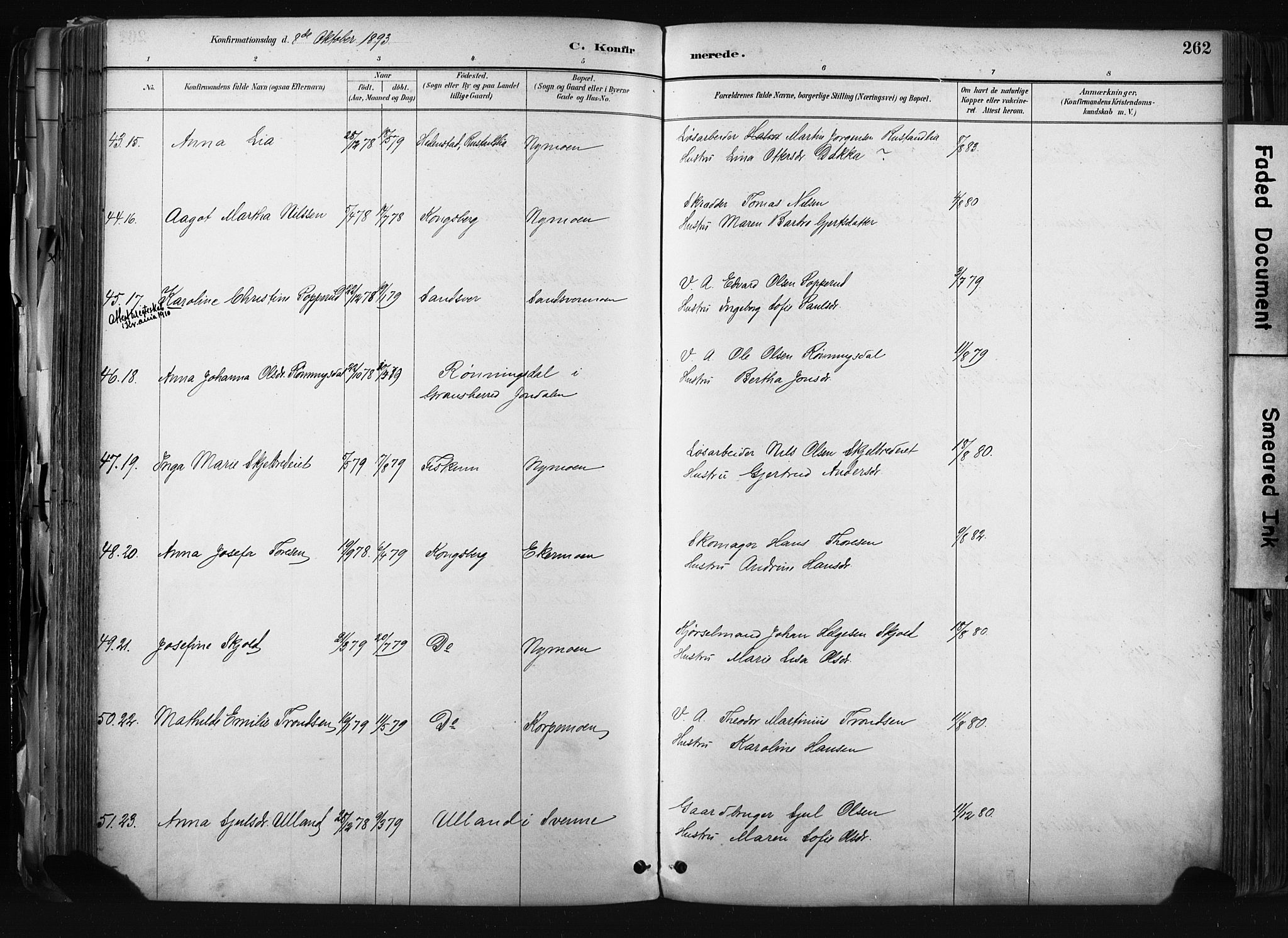 Kongsberg kirkebøker, AV/SAKO-A-22/F/Fb/L0002: Parish register (official) no. II 2, 1886-1896, p. 262