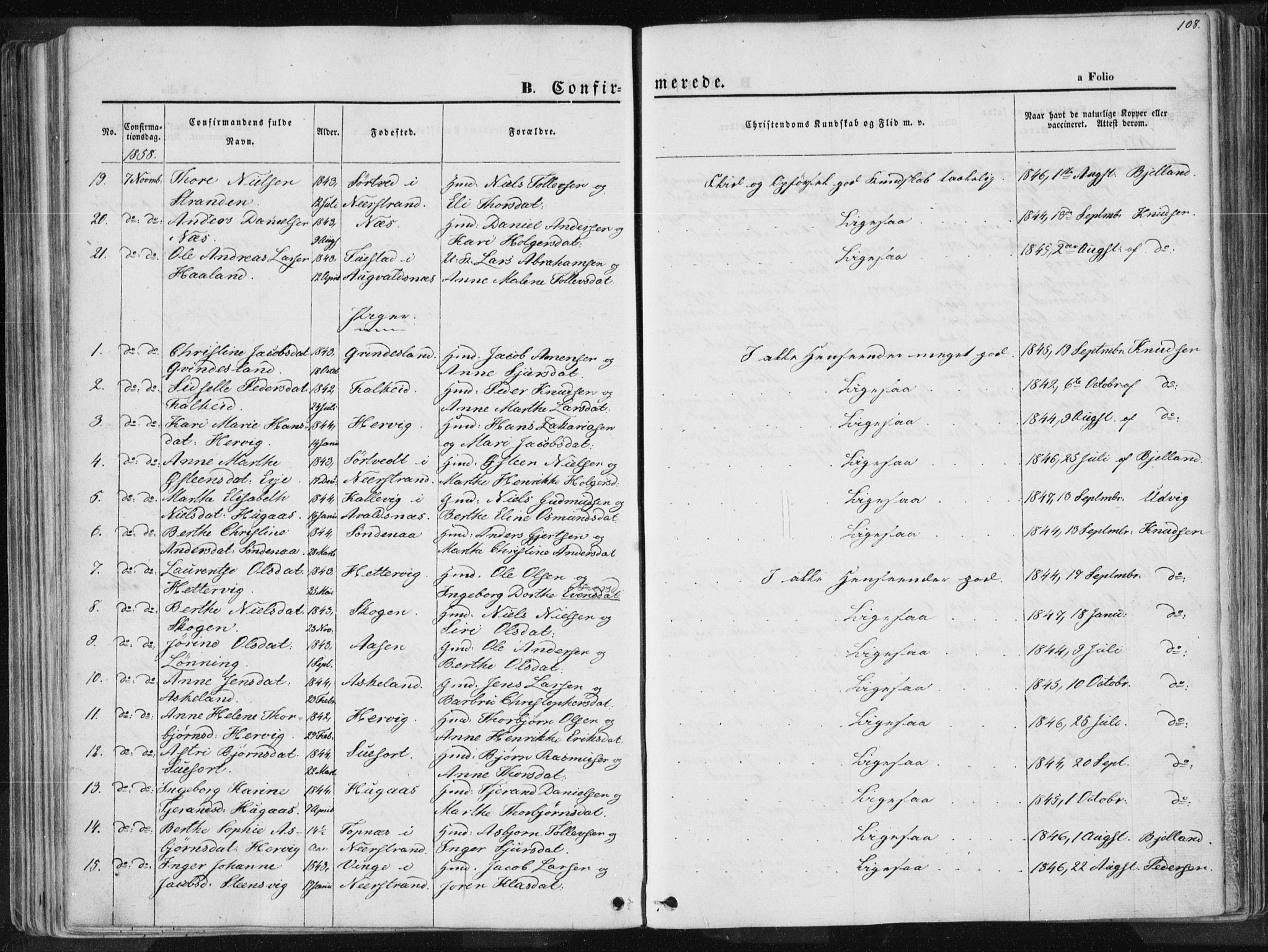 Tysvær sokneprestkontor, SAST/A -101864/H/Ha/Haa/L0003: Parish register (official) no. A 3, 1856-1865, p. 108