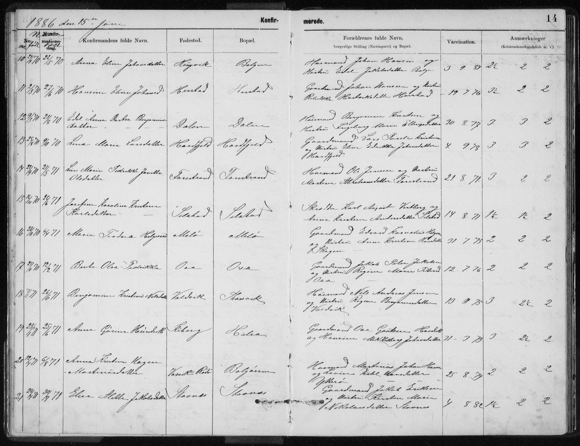 Ministerialprotokoller, klokkerbøker og fødselsregistre - Nordland, SAT/A-1459/843/L0637: Parish register (copy) no. 843C06, 1884-1908, p. 14