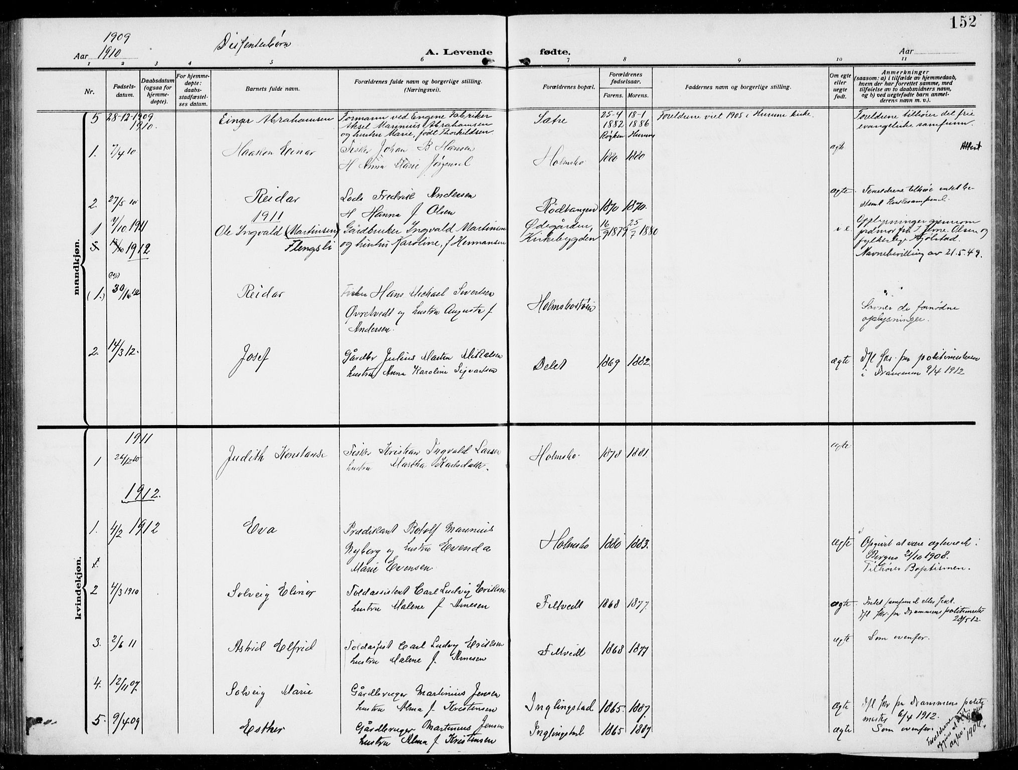 Hurum kirkebøker, AV/SAKO-A-229/F/Fa/L0016: Parish register (official) no. 16, 1899-1918, p. 152