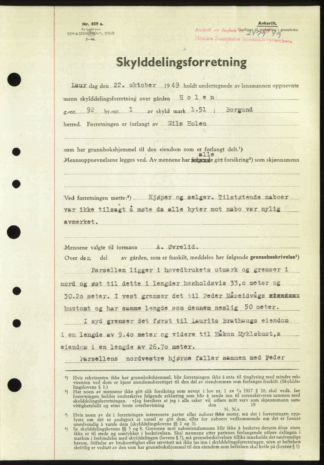 Nordre Sunnmøre sorenskriveri, AV/SAT-A-0006/1/2/2C/2Ca: Mortgage book no. A32, 1949-1949, Diary no: : 2479/1949