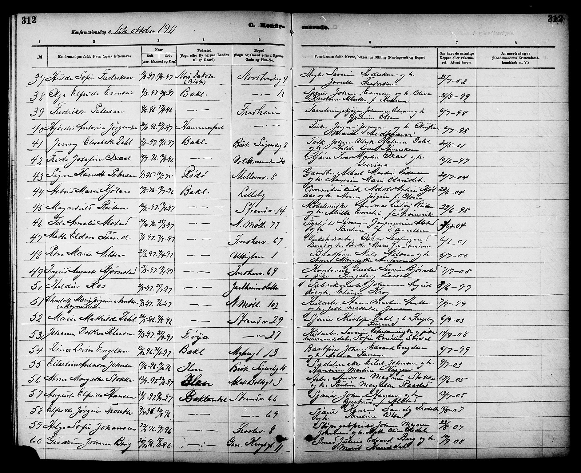 Ministerialprotokoller, klokkerbøker og fødselsregistre - Sør-Trøndelag, AV/SAT-A-1456/605/L0254: Parish register (copy) no. 605C01, 1908-1916, p. 312