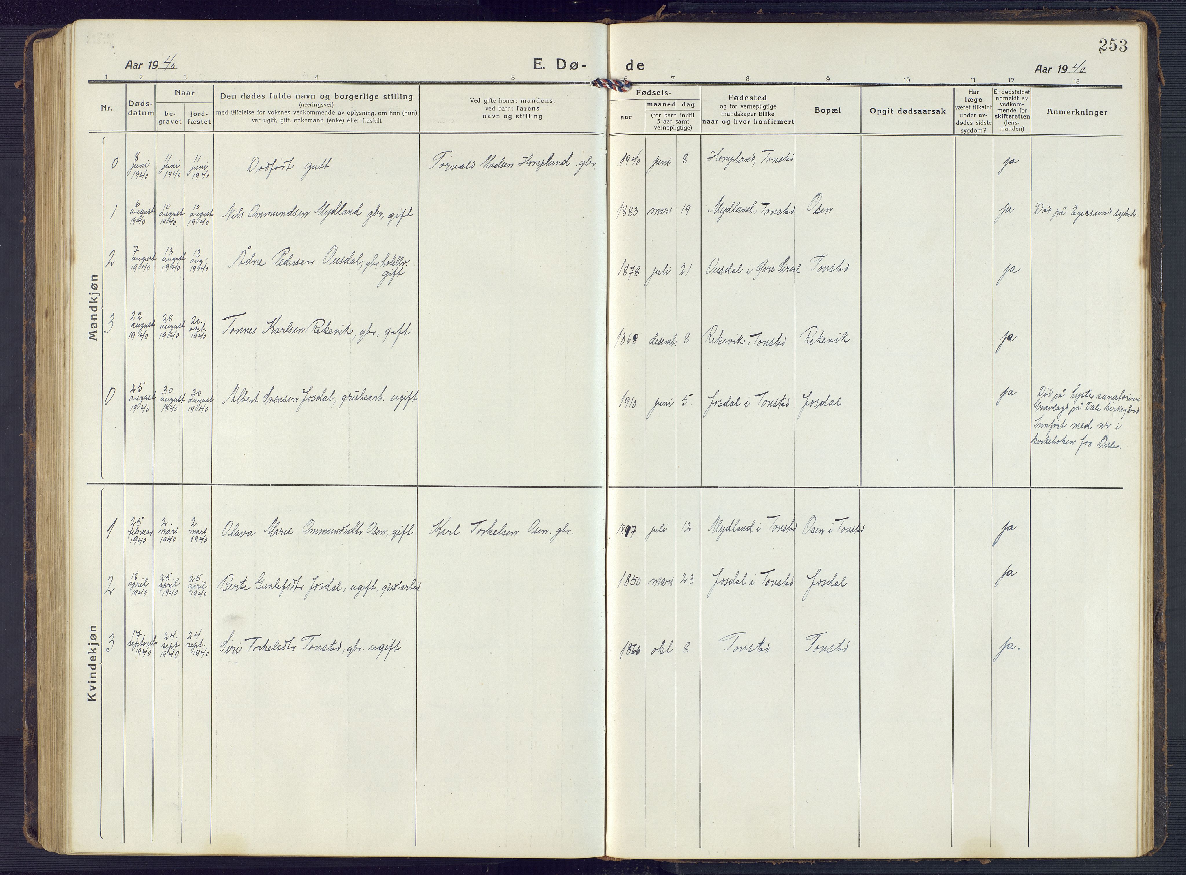 Sirdal sokneprestkontor, SAK/1111-0036/F/Fb/Fbb/L0005: Parish register (copy) no. B 5, 1916-1960, p. 253