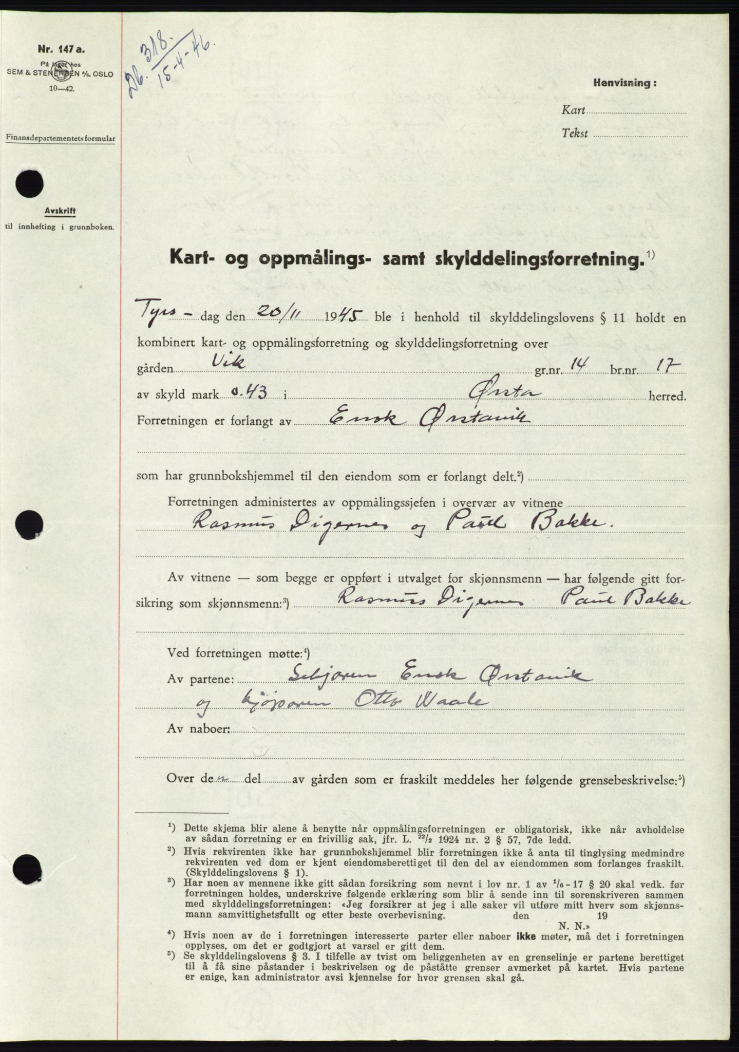 Søre Sunnmøre sorenskriveri, AV/SAT-A-4122/1/2/2C/L0078: Mortgage book no. 4A, 1946-1946, Diary no: : 318/1946