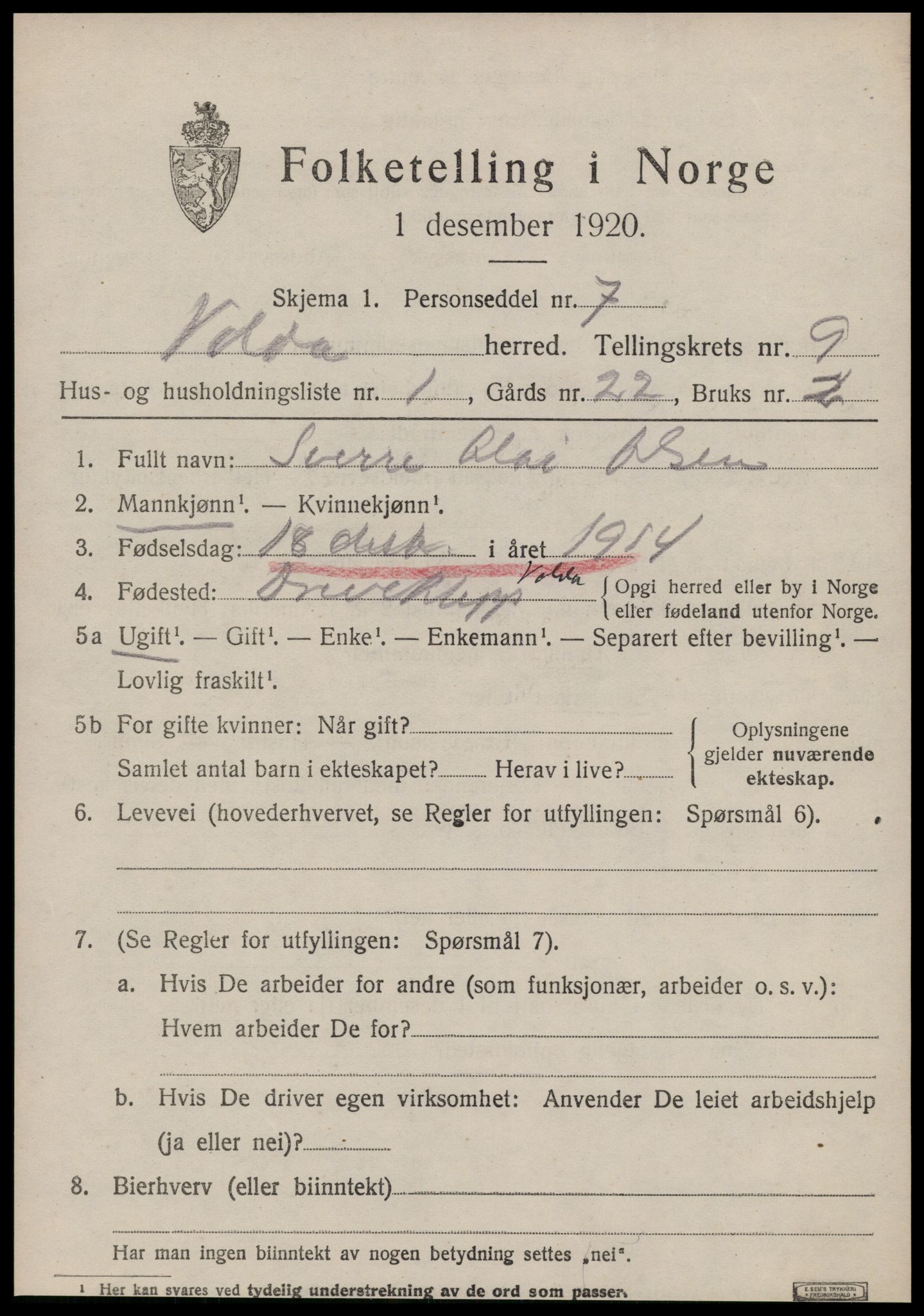 SAT, 1920 census for Volda, 1920, p. 6752