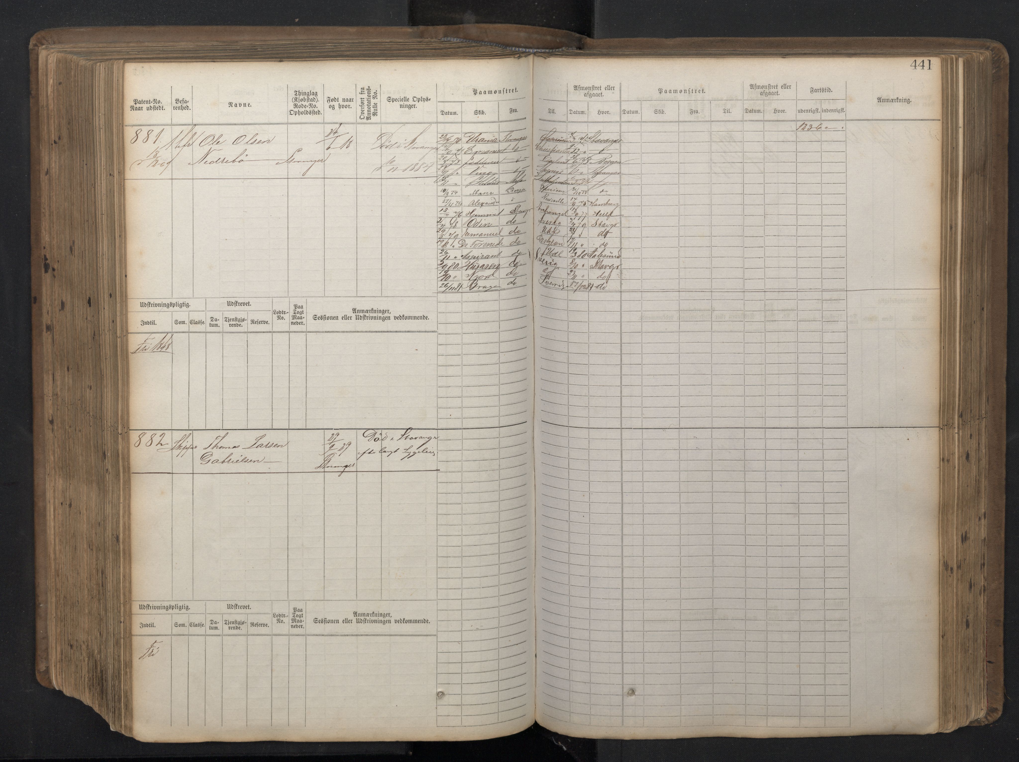 Stavanger sjømannskontor, AV/SAST-A-102006/F/Fb/Fbb/L0016: Sjøfartshovedrulle patnentnr. 1-1202 (dublett), 1869, p. 441