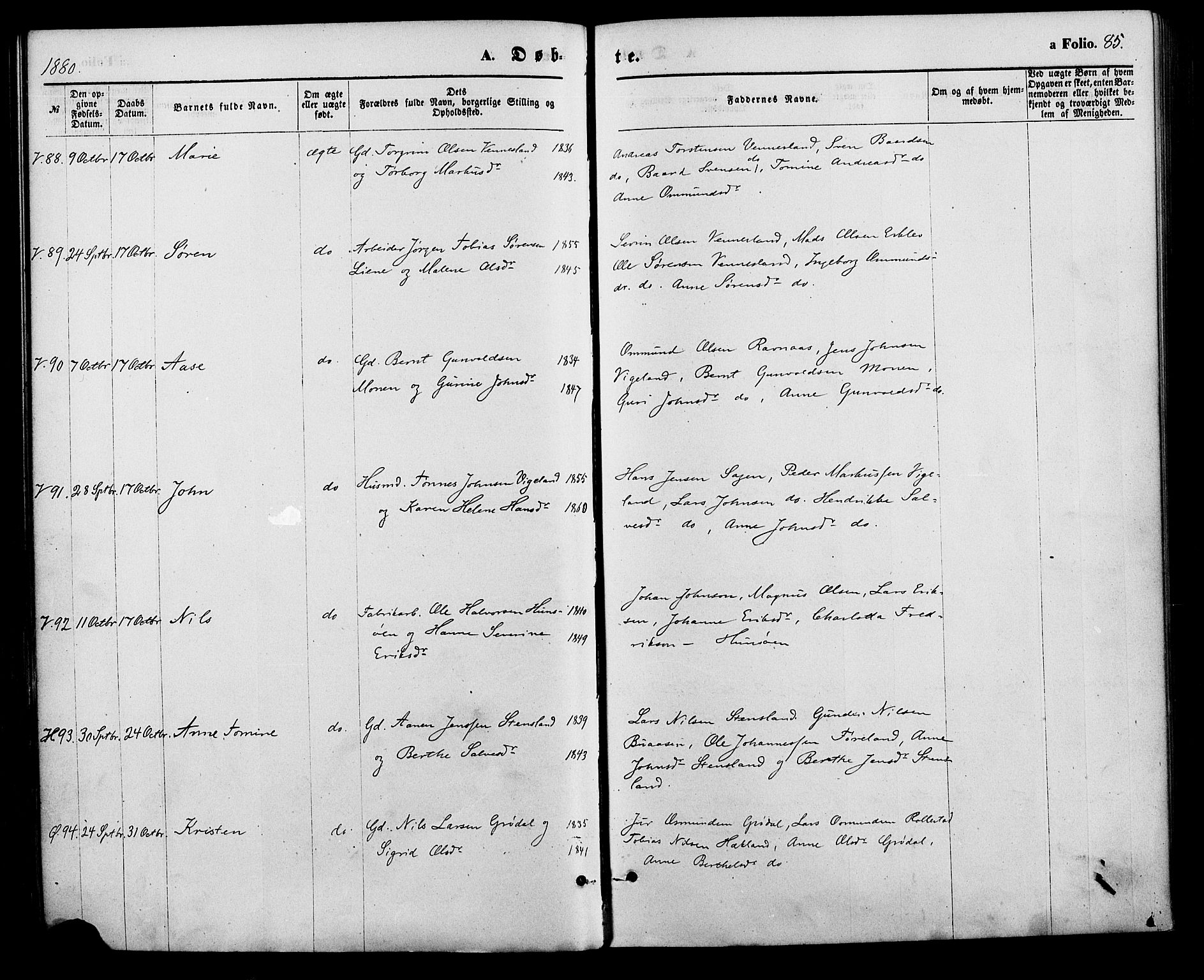 Vennesla sokneprestkontor, SAK/1111-0045/Fa/Fac/L0008: Parish register (official) no. A 8, 1874-1883, p. 85